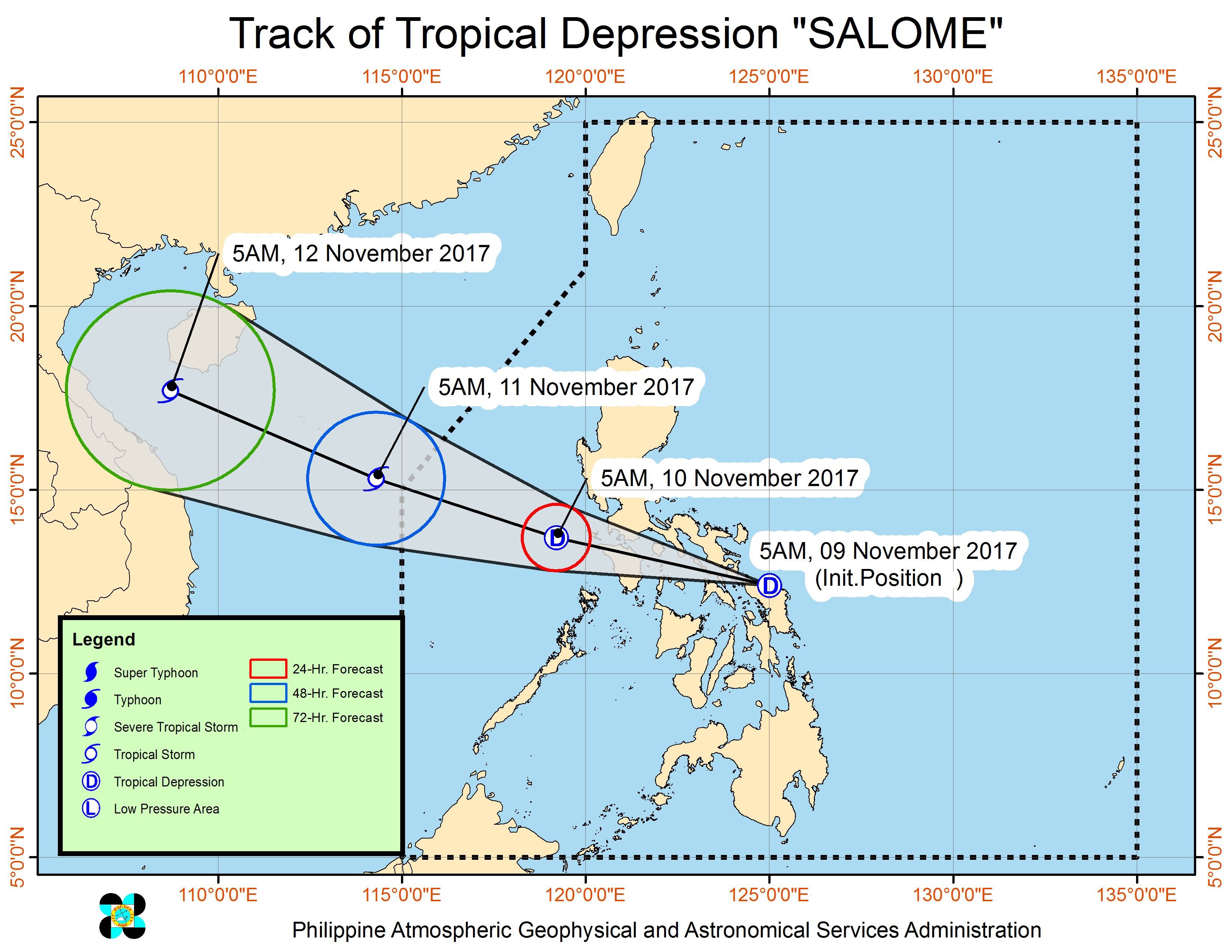 Forecast track of Tropical Depression Salome as of November 9, 9 am. Image courtesy of PAGASA 