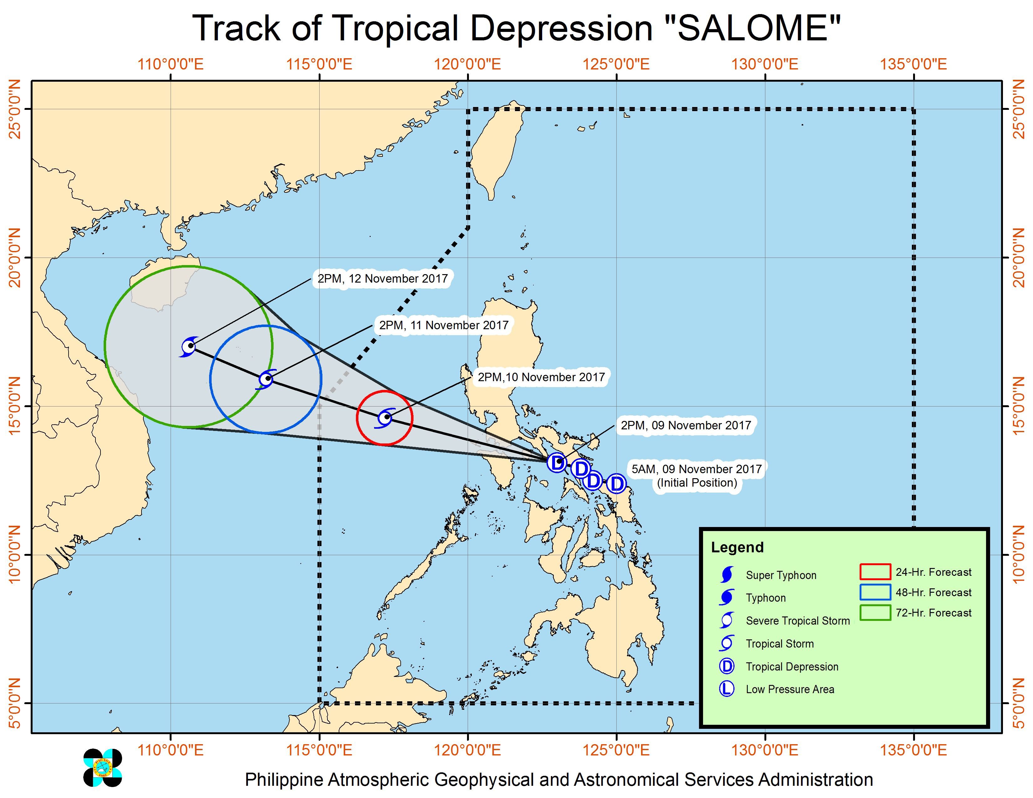 Forecast track of Tropical Depression Salome as of November 9, 5 pm. Image courtesy of PAGASA 