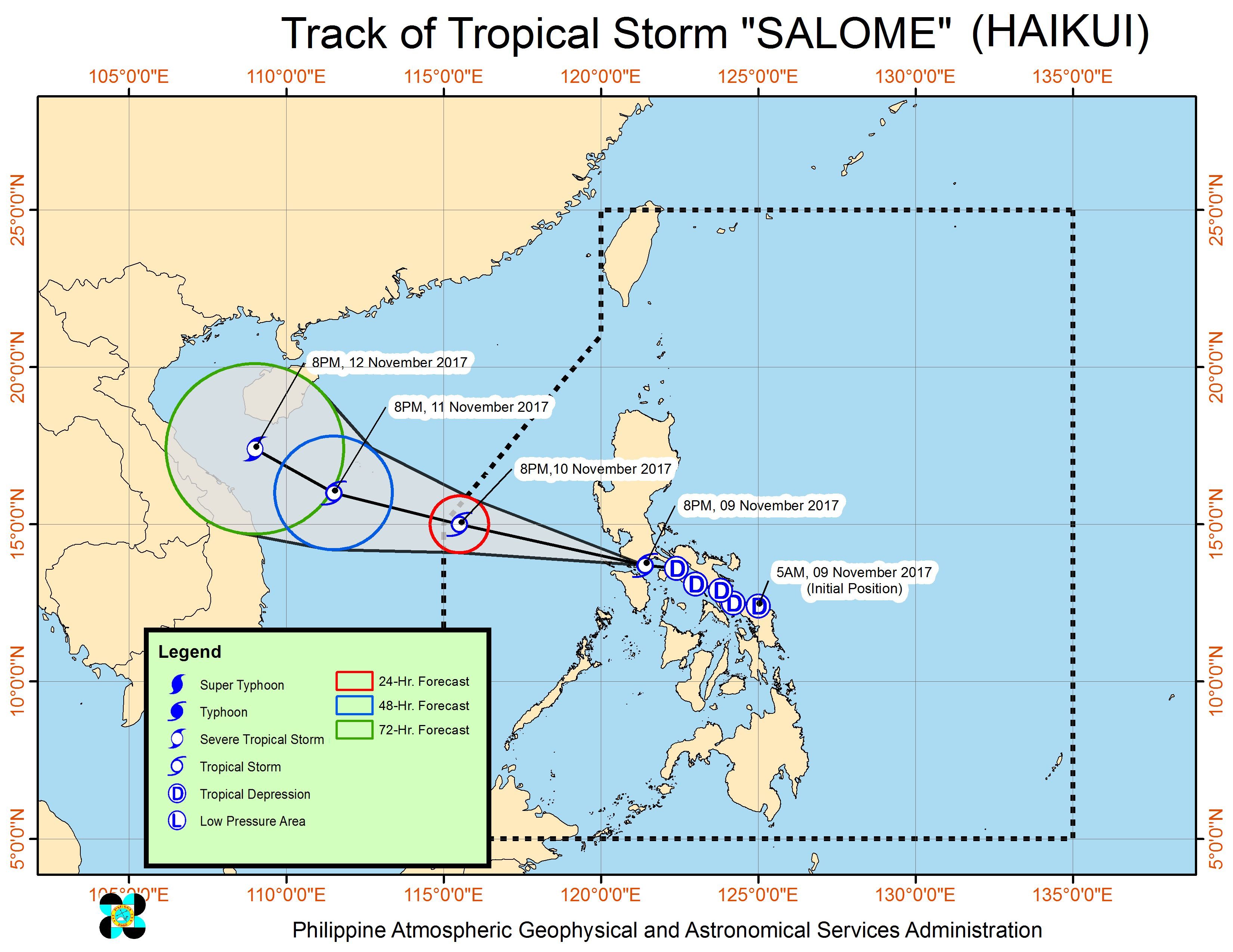 Forecast track of Tropical Storm Salome as of November 9, 11 pm. Image courtesy of PAGASA 