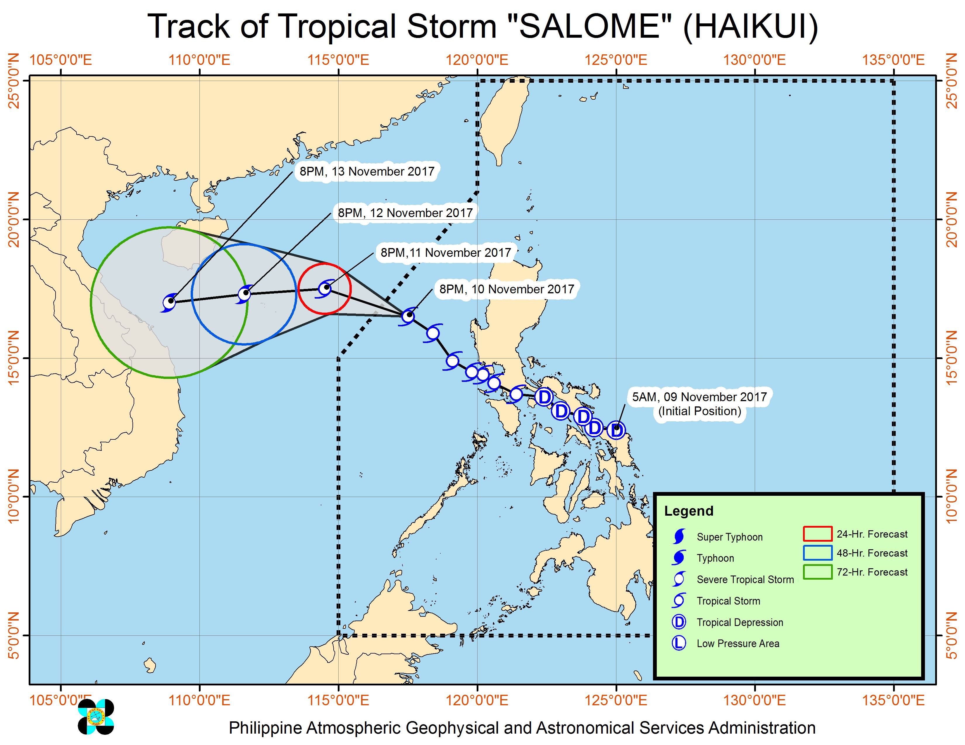 Forecast track of Tropical Storm Salome as of November 10, 11 pm. Image courtesy of PAGASA 