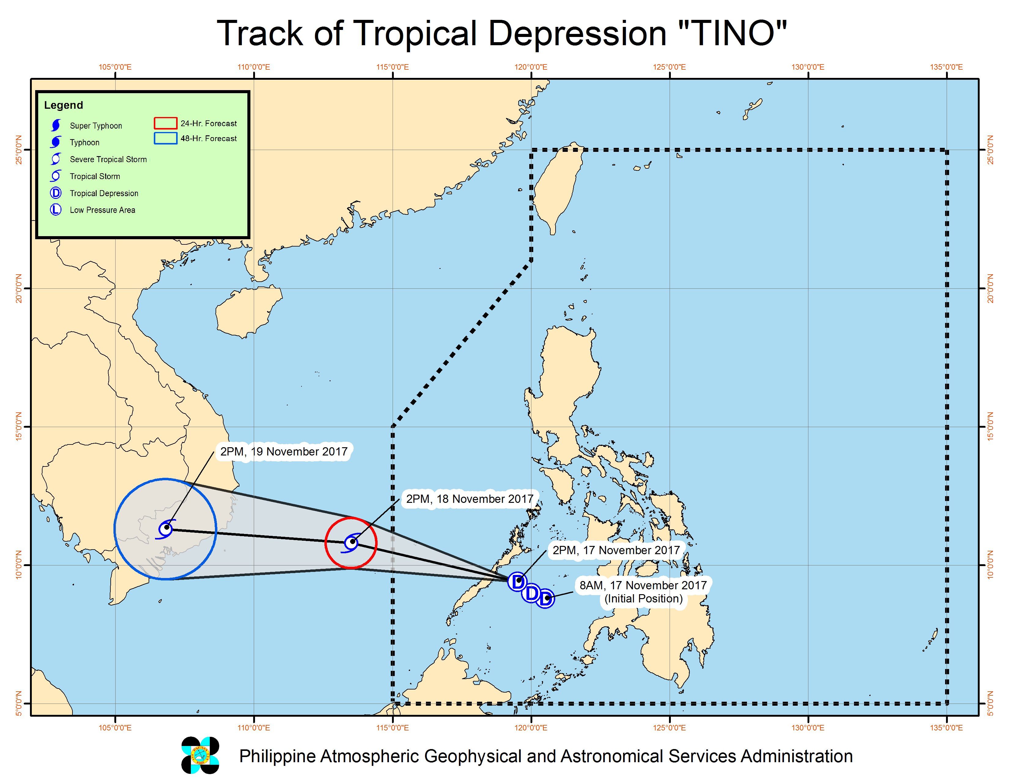 Forecast track of Tropical Depression Tino as of November 17, 5 pm. Image courtesy of PAGASA 