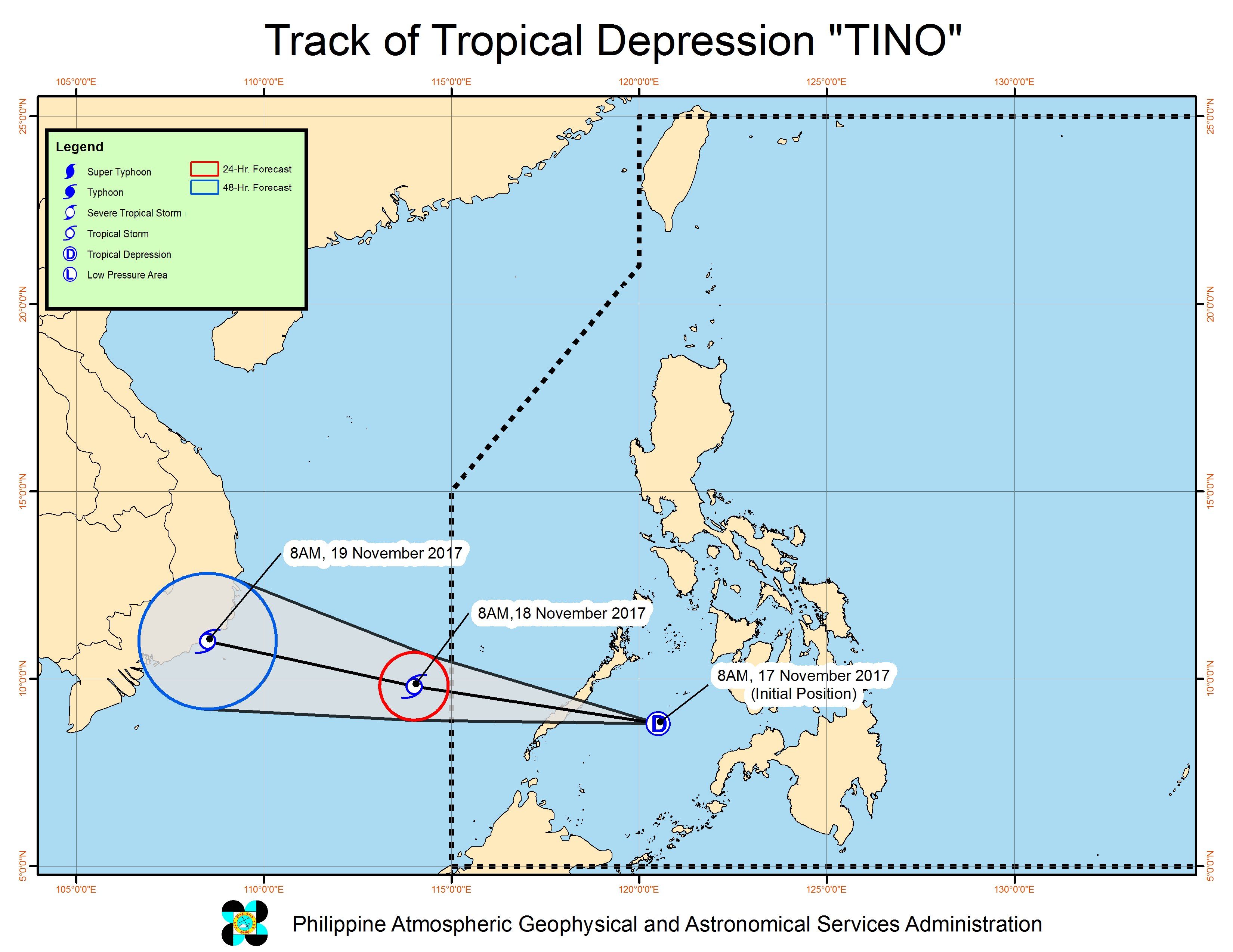 Forecast track of Tropical Depression Tino as of November 17, 11 am. Image courtesy of PAGASA 