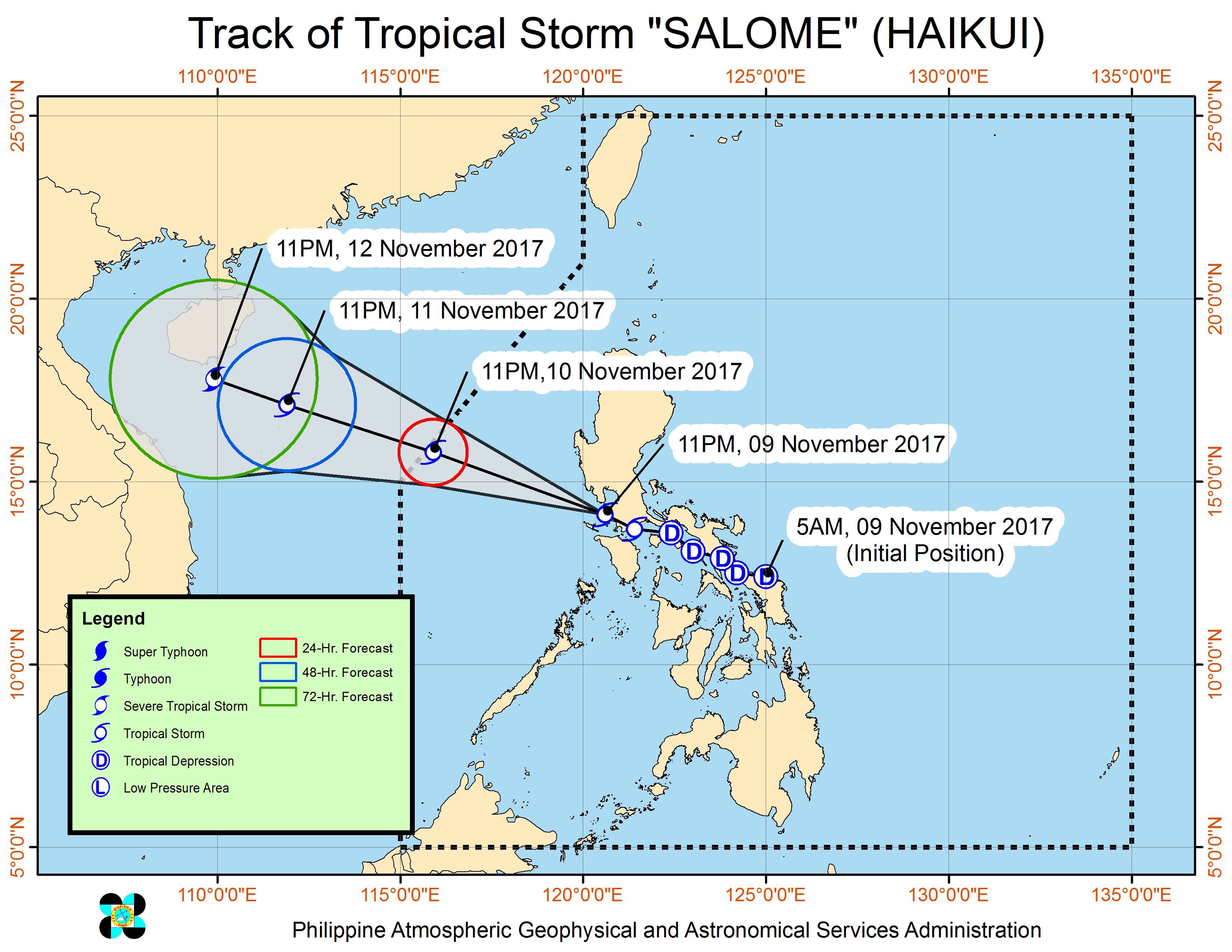 Forecast track of Tropical Storm Salome as of November 10, 2 am. Image courtesy of PAGASA 