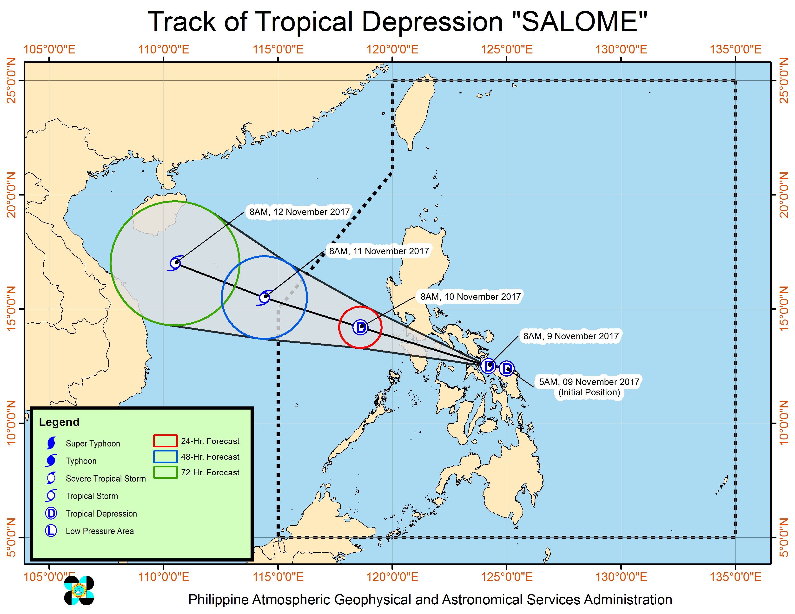 Forecast track of Tropical Depression Salome as of November 9, 11 am. Image courtesy of PAGASA 