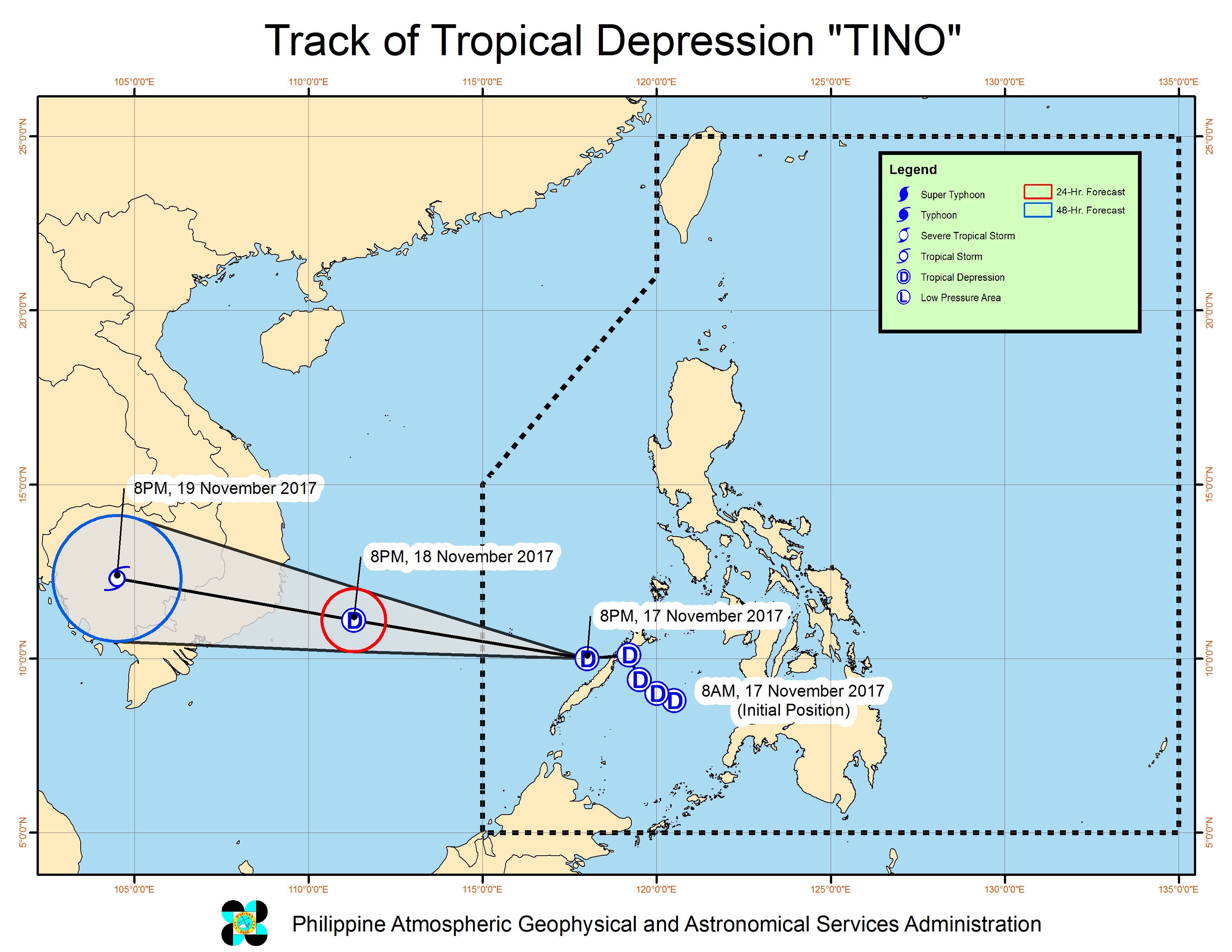 Forecast track of Tropical Depression Tino as of November 17, 11 pm. Image courtesy of PAGASA 