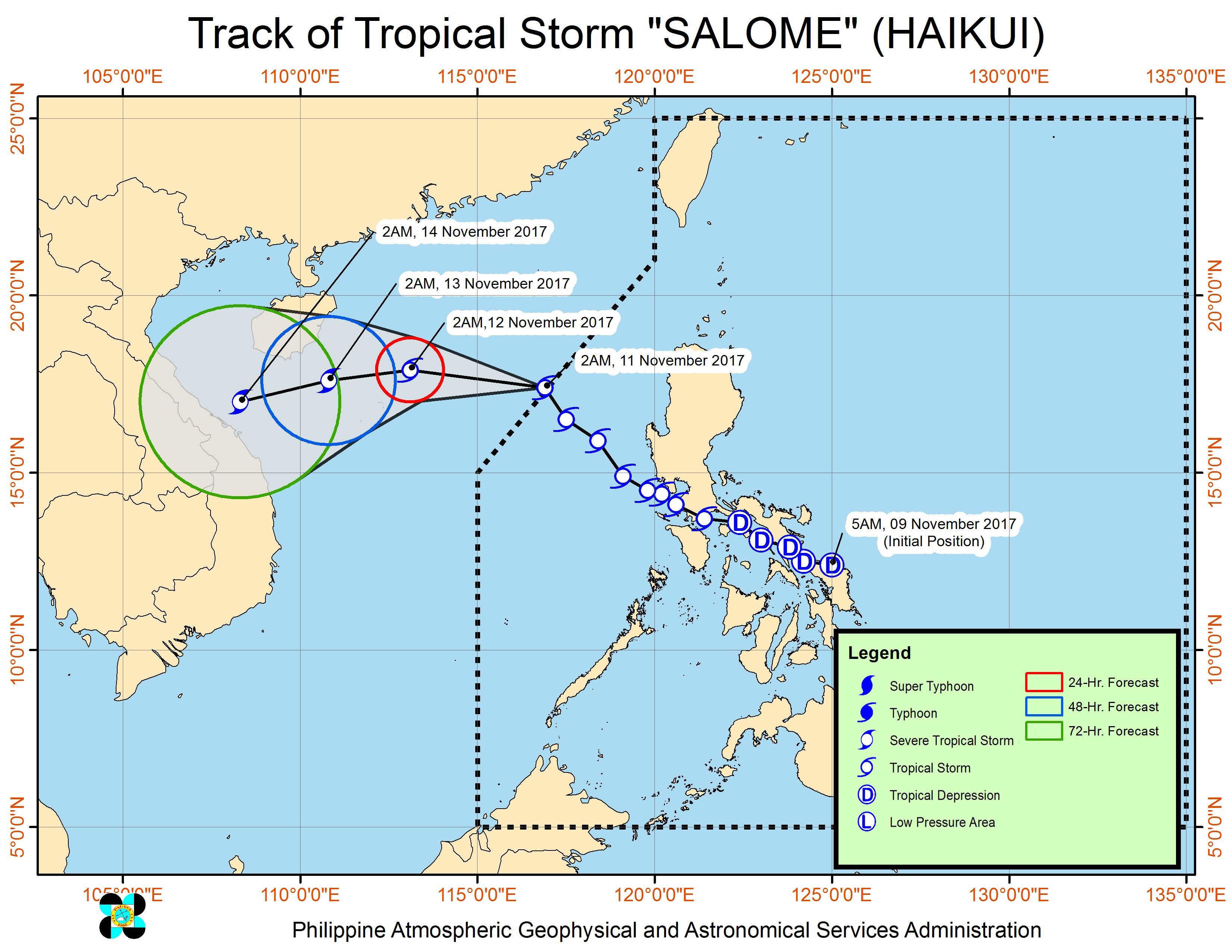Forecast track of Tropical Storm Salome as of November 11, 5 am. Image courtesy of PAGASA 