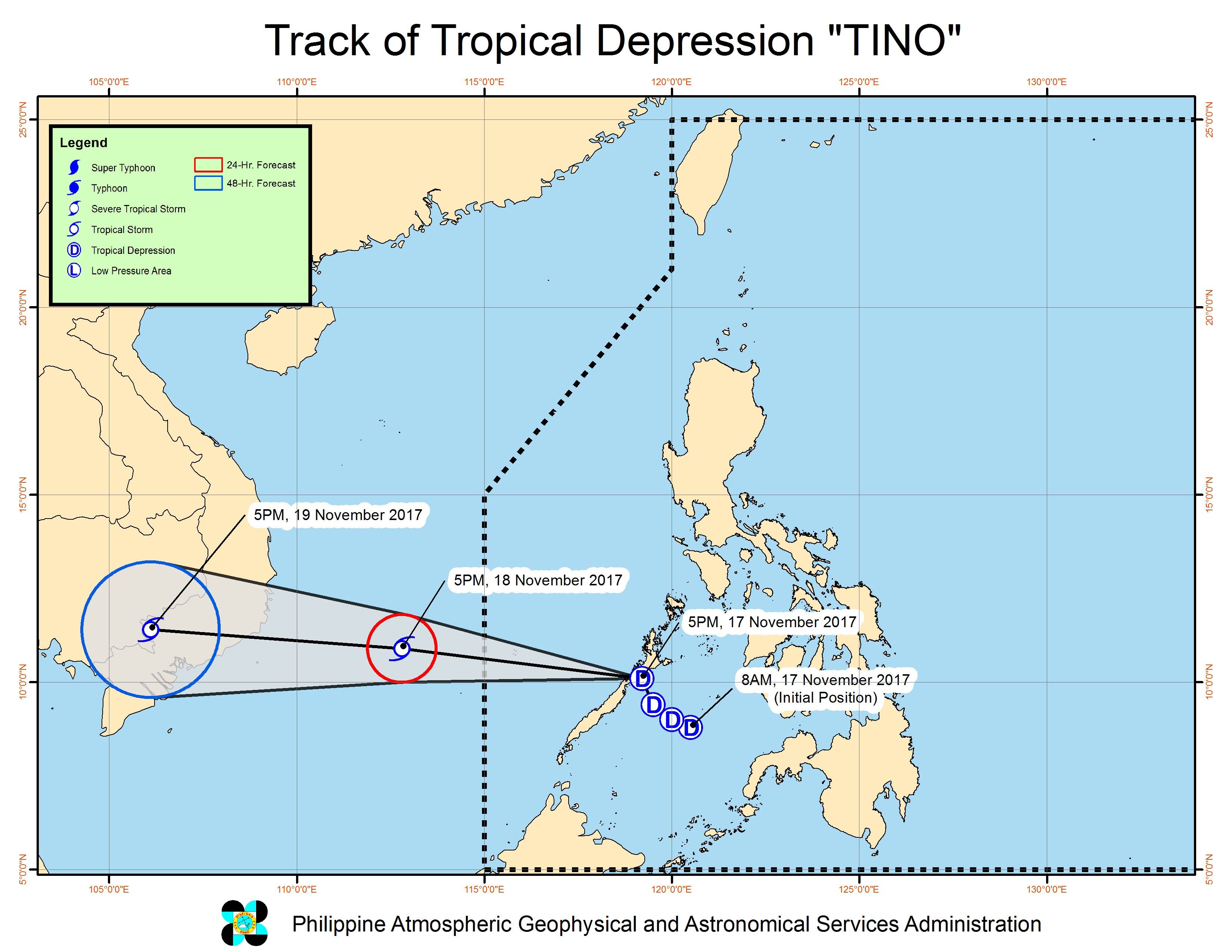Forecast track of Tropical Depression Tino as of November 17, 8 pm. Image courtesy of PAGASA 