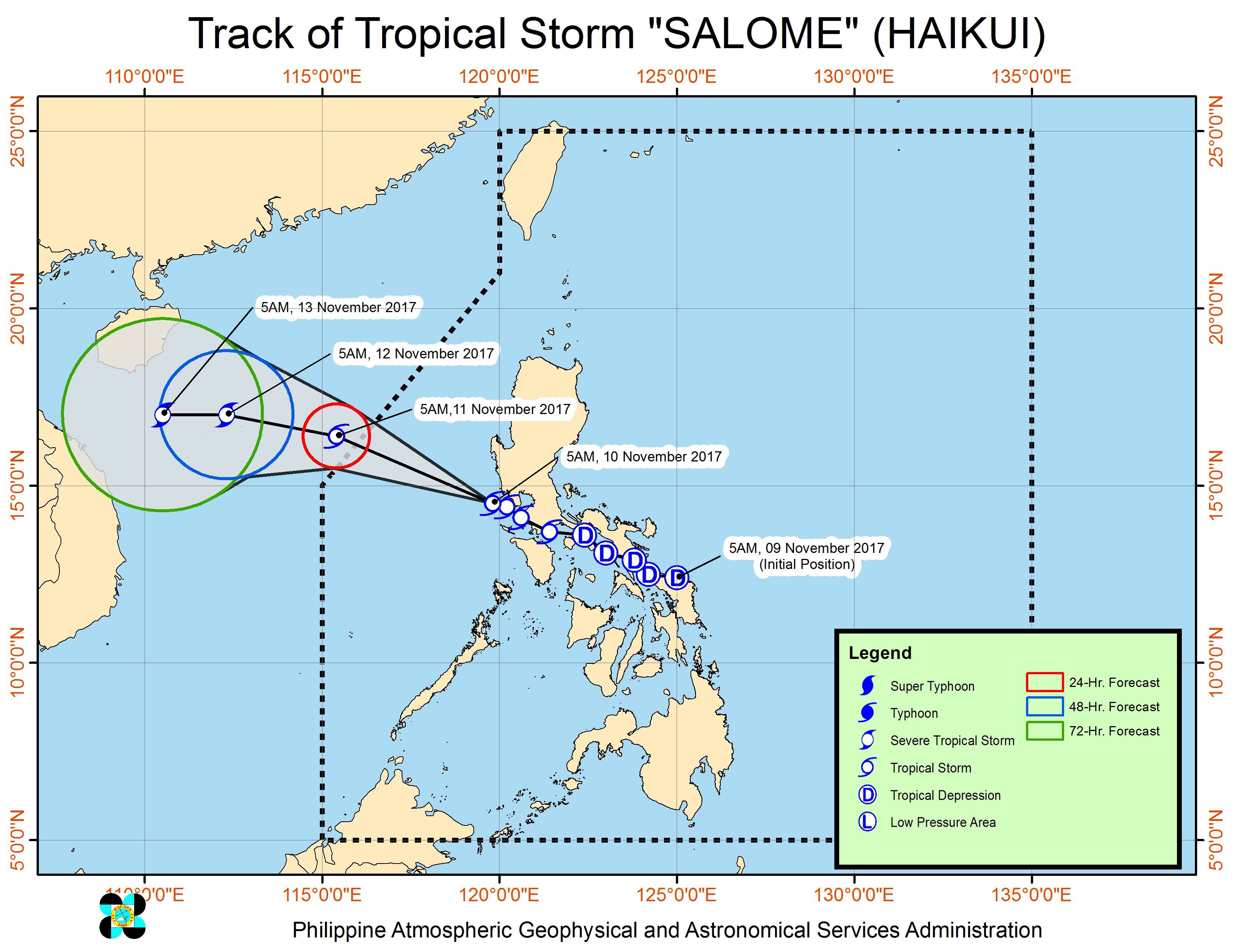 Forecast track of Tropical Storm Salome as of November 10, 8:45 am. Image courtesy of PAGASA 