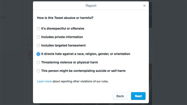 HATEFUL CONDUCT REPORTING. These options can be accessed by selecting the "More" option on a tweet, and selecting "Report Tweet". Screengrab from Twitter 
