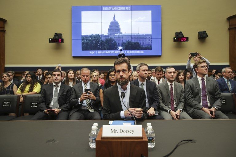 JACK DORSEY. The Twitter CEO takes his seat as he arrives for a House Committee on Energy and Commerce hearing about Twitter's transparency and accountability, on Capitol Hill, September 5. Photo by Drew Angerer/Getty Images/AFP 