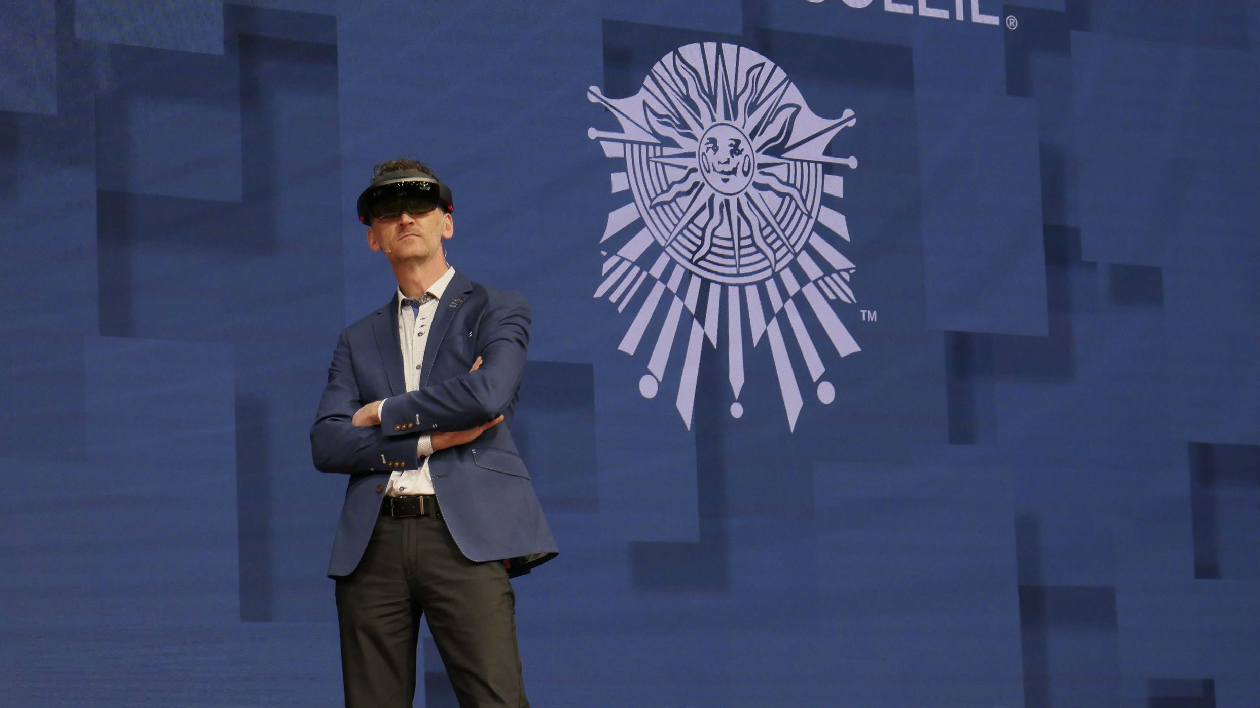 VIRTUAL FUTURE. Carl Fillion, scenic designer, Cirque du Soleil at Microsoft Build 2017 demoes a virtual reality unit. Photo from Microsoft 