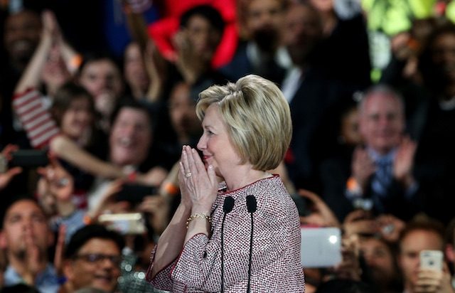 DEMS' CHOICE. US Democratic presidential candidate Hillary Clinton thanks her supporters during a primary night event at a hotel in New York, USA, April 19, 2016. Photo by Justin Lane/EPA  