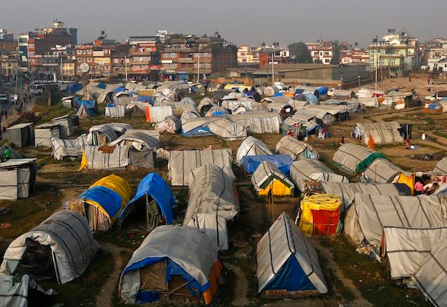 STILL IN TENTS. A view from a temporary shelter for earthquake victims in Kathmandu, Nepal, December 2, 2015. File photo by Narendra Shrestha/EPA 