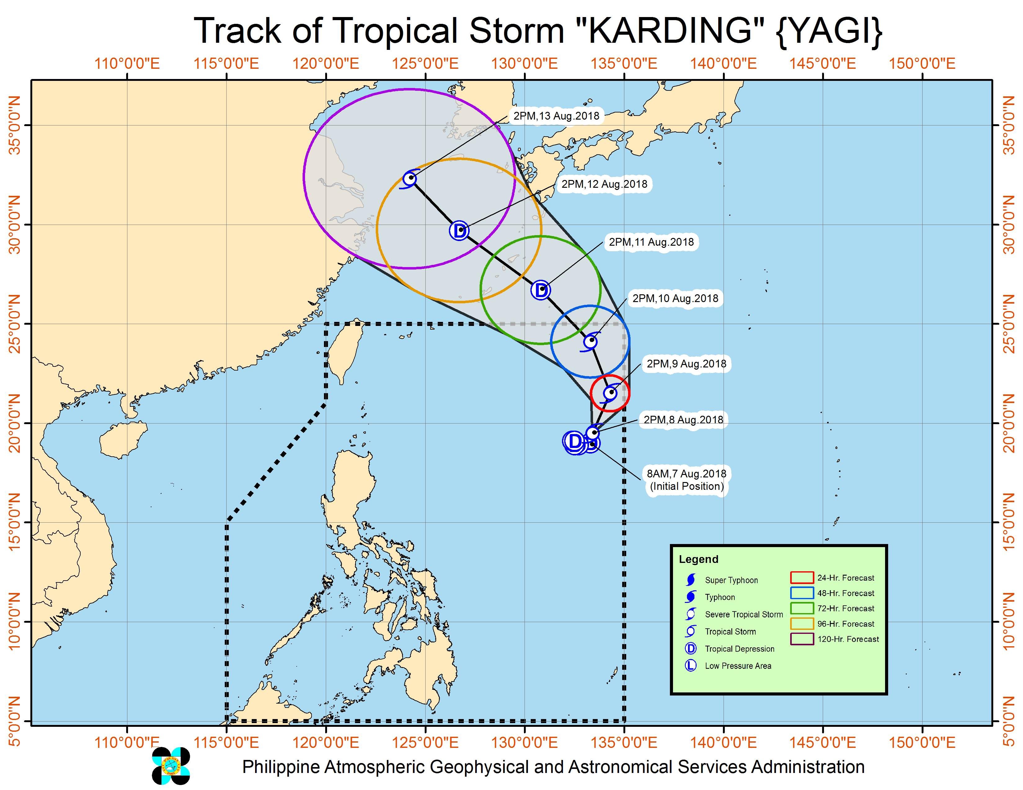 Forecast track of Tropical Storm Karding (Yagi) as of August 8, 2018, 5 pm. Image from PAGASA 