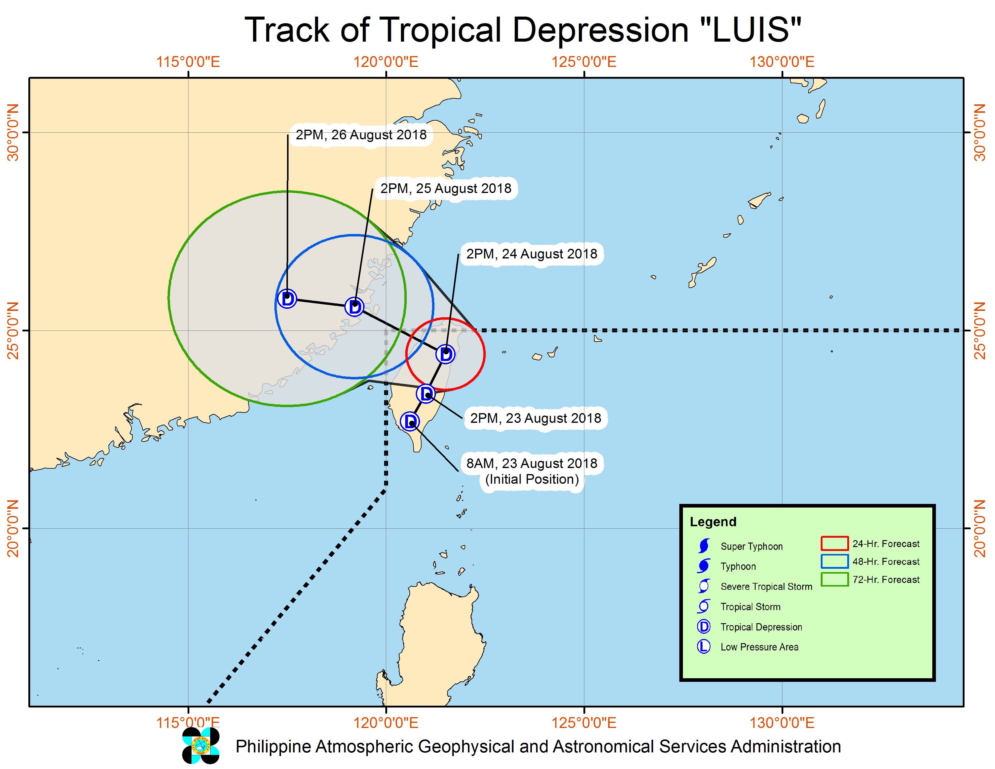 Forecast track of Tropical Depression Luis as of August 23, 2018, 4 pm. Image from PAGASA 