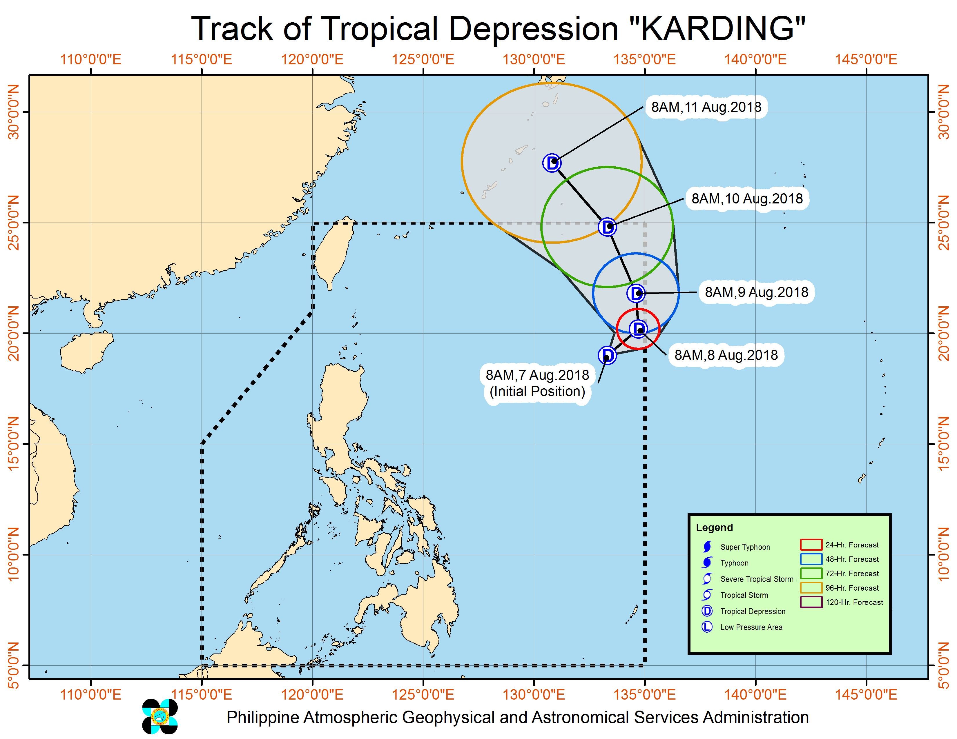 Forecast track of Tropical Depression Karding as of August 7, 2018, 11 am. Image from PAGASA 