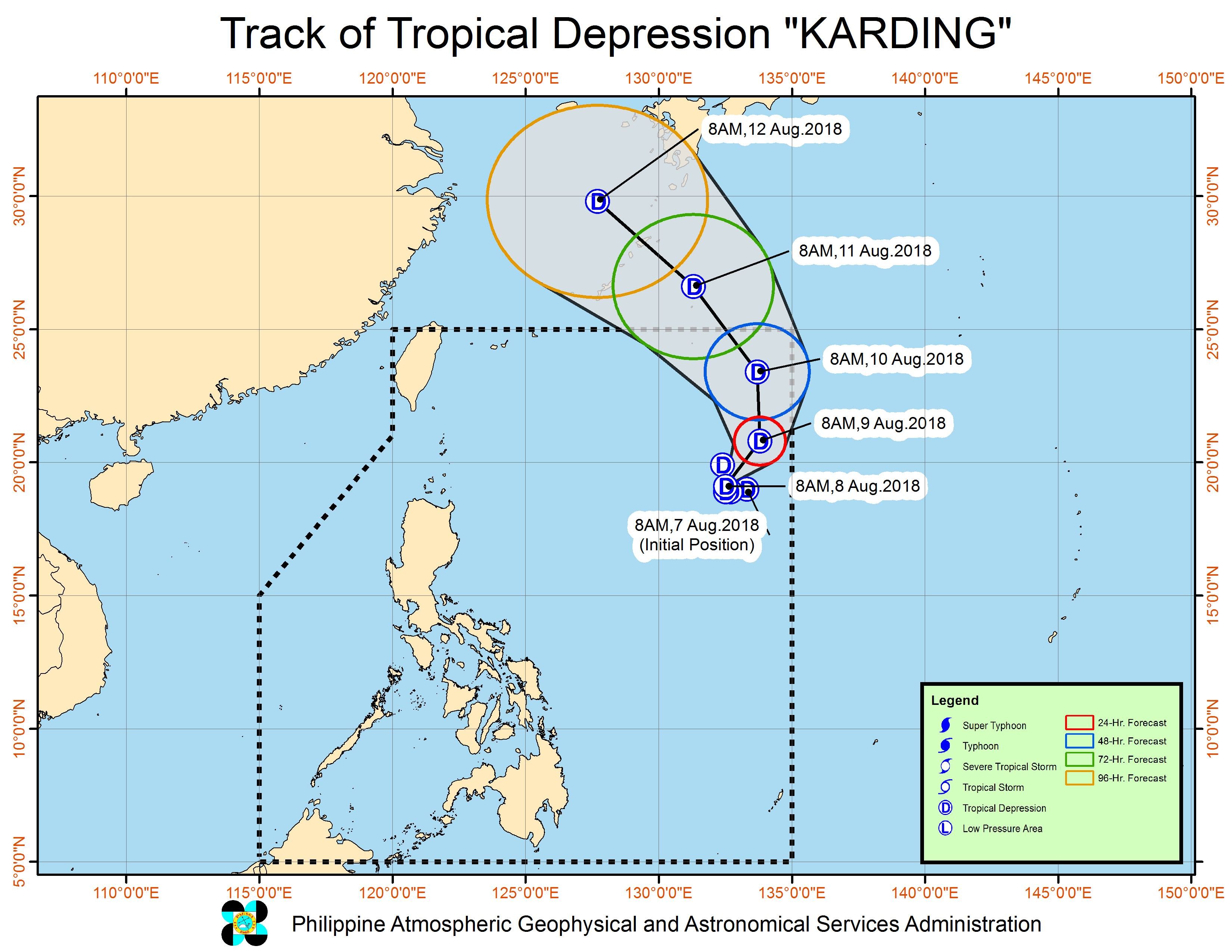 Forecast track of Tropical Depression Karding as of August 8, 2018, 11 am. Image from PAGASA 
