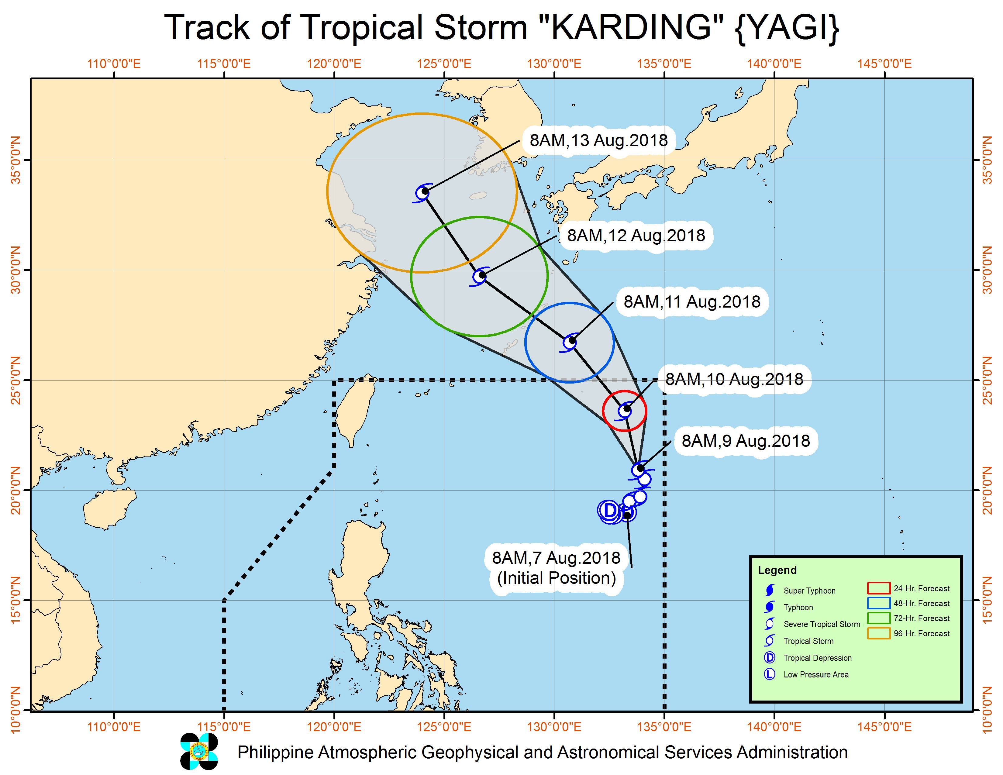 Forecast track of Tropical Storm Karding (Yagi) as of August 9, 2018, 11 am. Image from PAGASA 