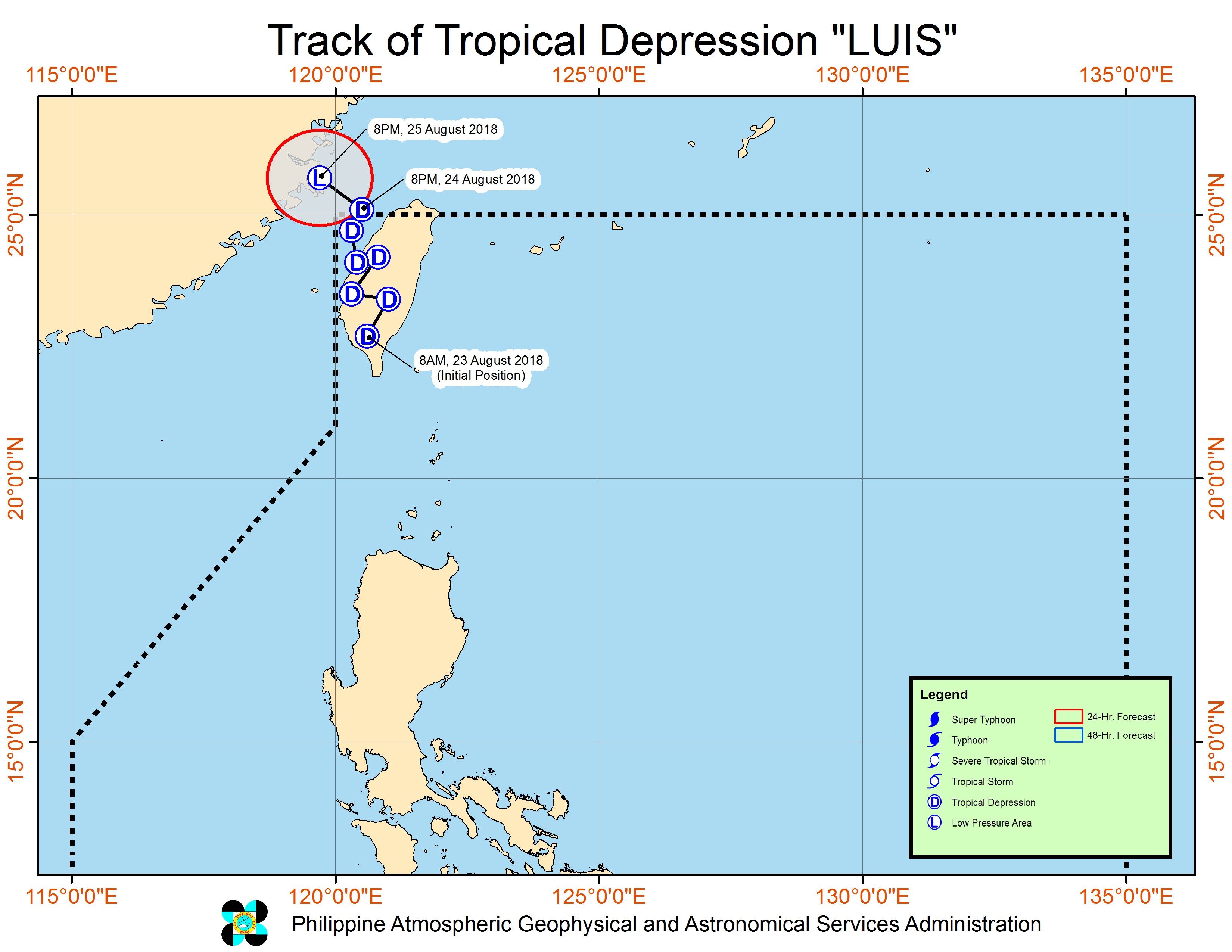 Forecast track of Tropical Depression Luis as of August 24, 2018, 11 pm. Image from PAGASA 
