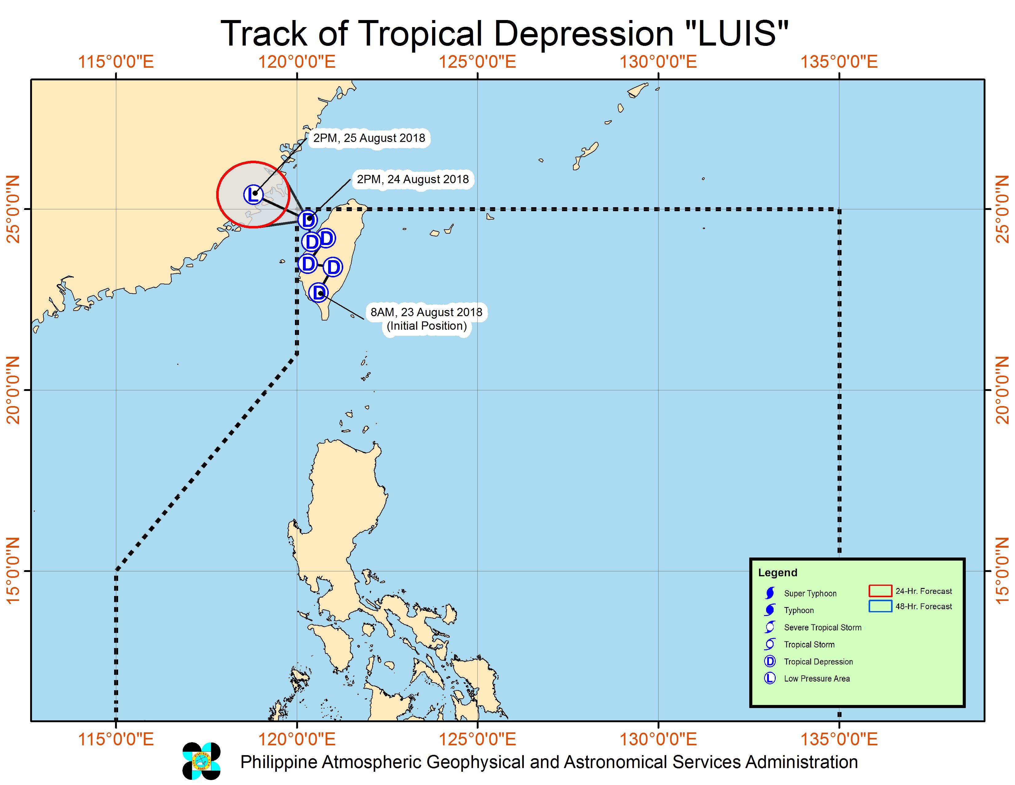 Forecast track of Tropical Depression Luis as of August 24, 2018, 4 pm. Image from PAGASA 