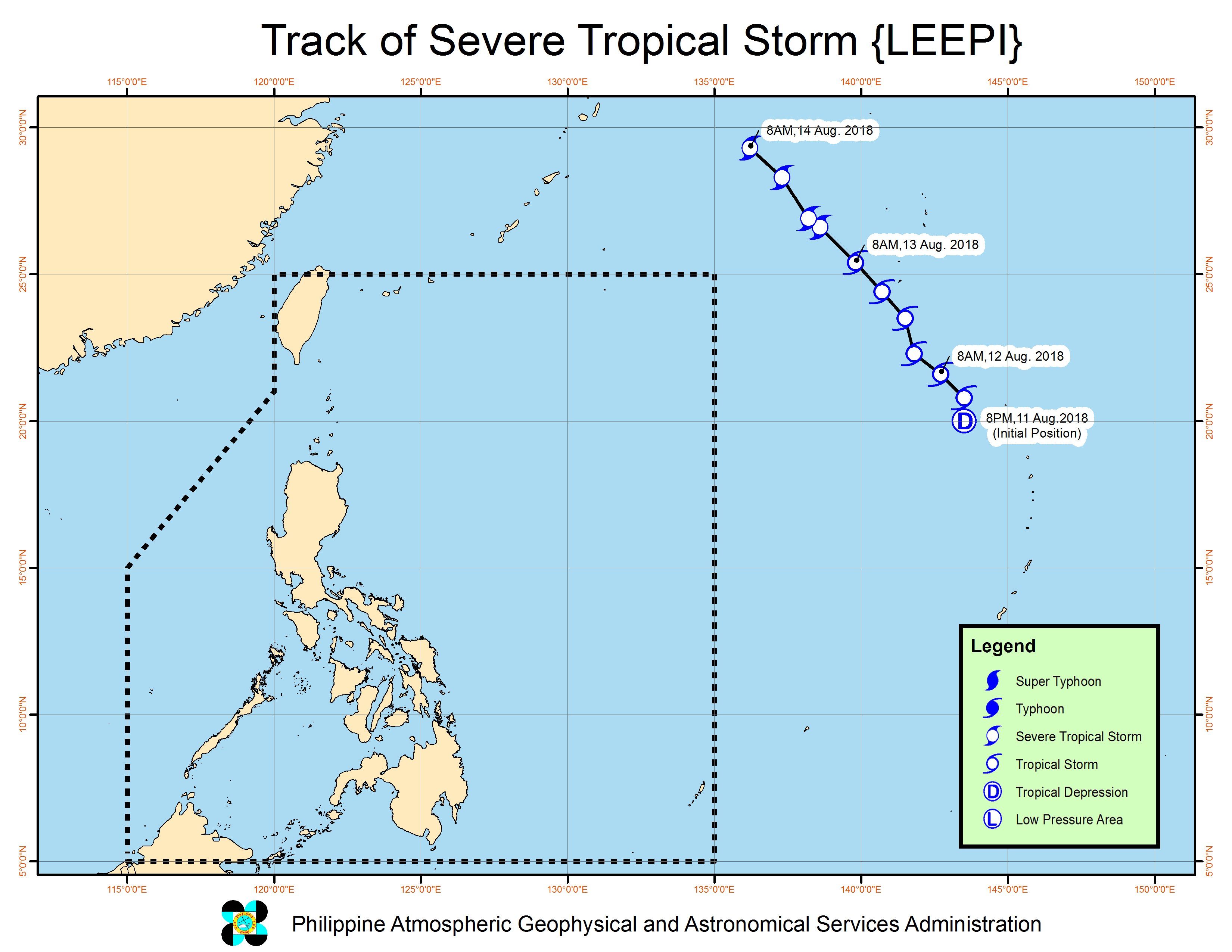 Forecast track of Severe Tropical Storm Leepi outside the Philippine Area of Responsibility as of August 14, 2018, 11 am. Image from PAGASA 