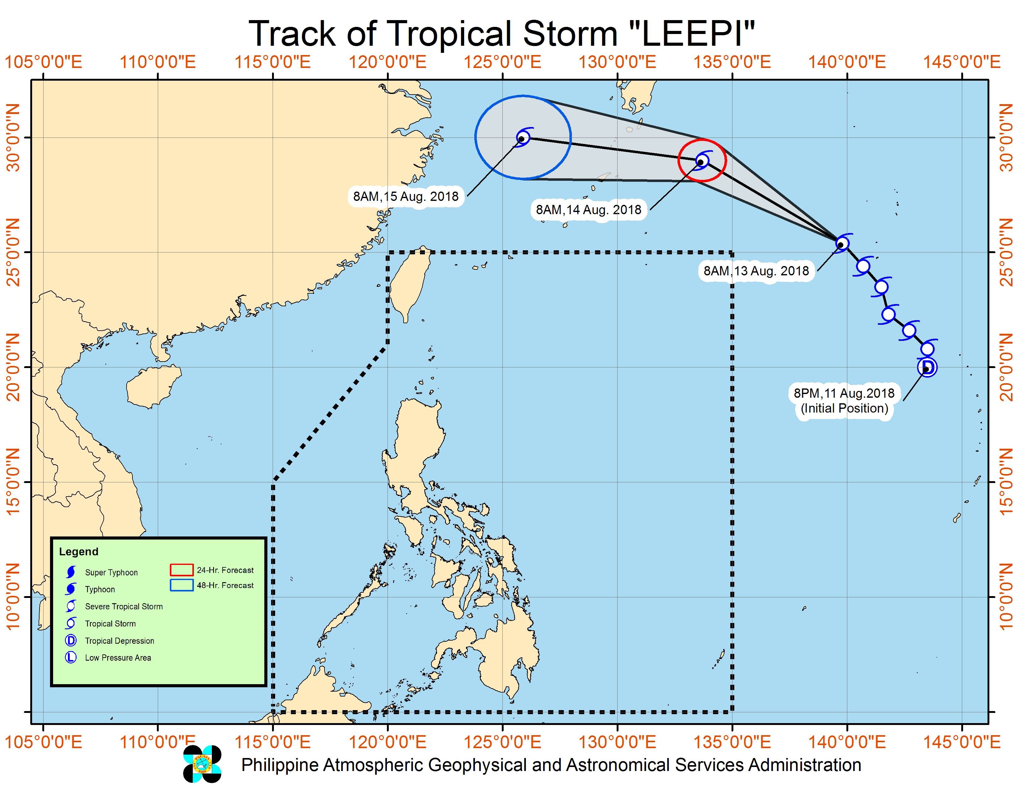 Forecast track of Tropical Storm Leepi outside the Philippine Area of Responsibility as of August 13, 2018, 11 am. Image from PAGASA 