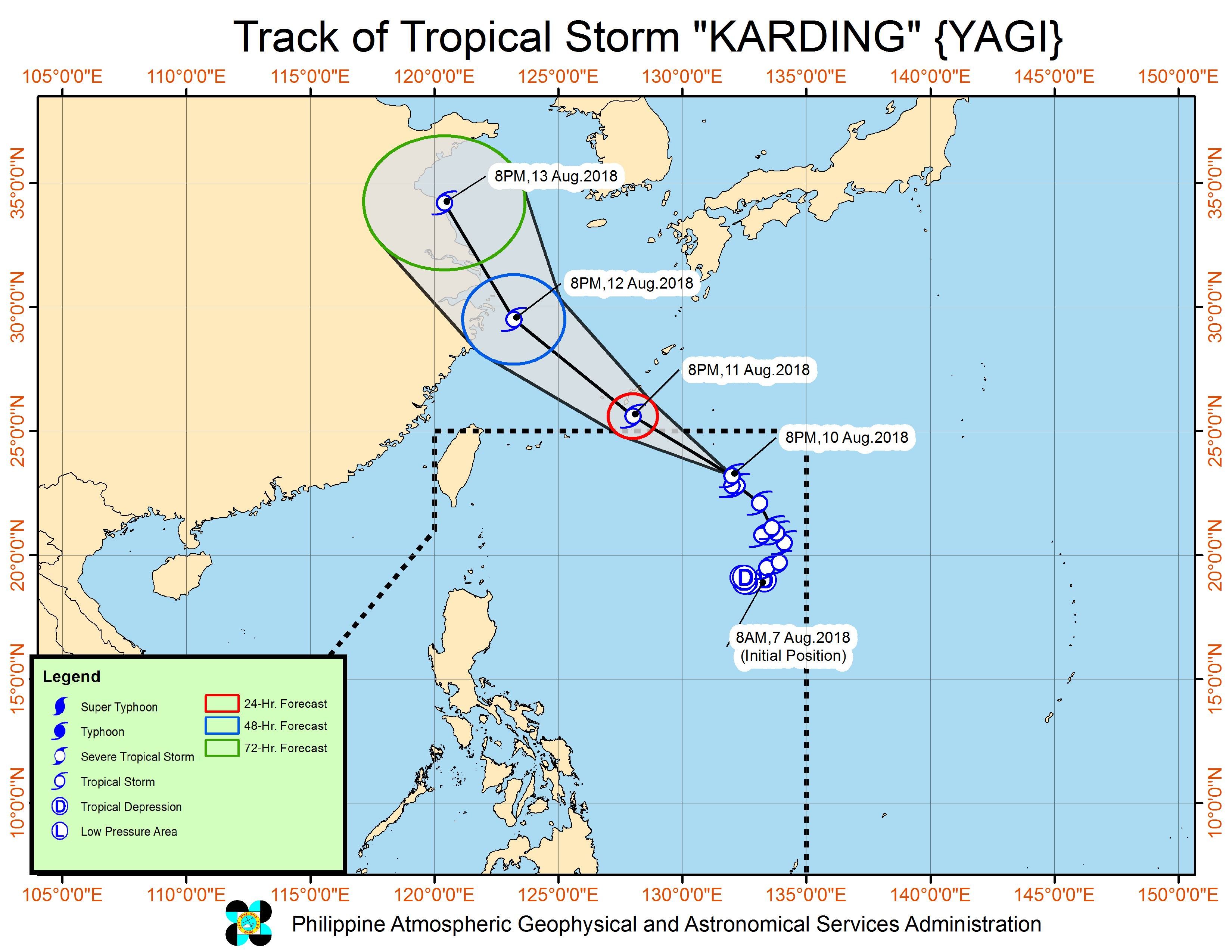 Forecast track of Tropical Storm Karding (Yagi) as of August 10, 2018, 11 pm. Image from PAGASA 