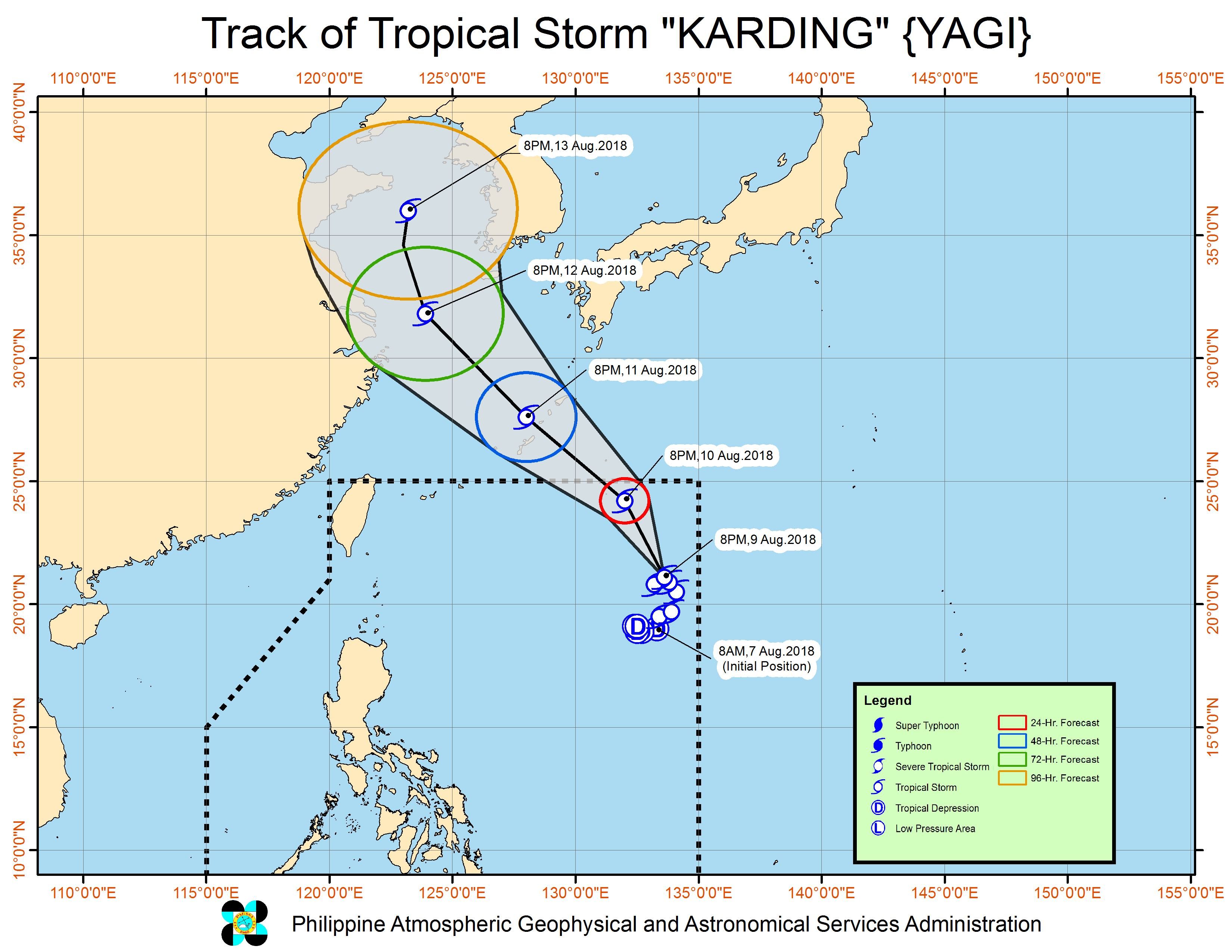 Forecast track of Tropical Storm Karding (Yagi) as of August 9, 2018, 11 pm. Image from PAGASA 