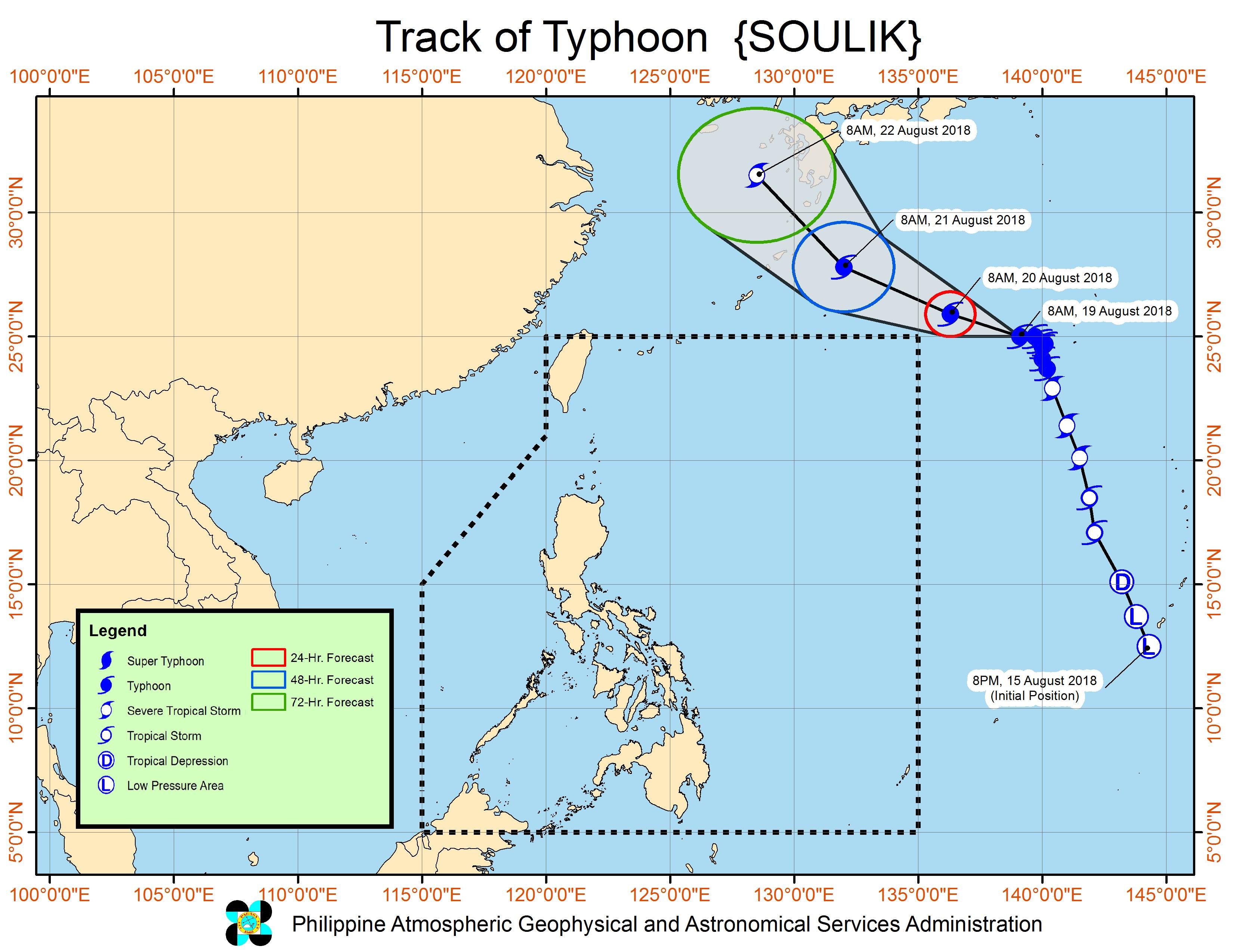 Forecast track of Typhoon Soulik outside the Philippine Area of Responsibility as of August 19, 2018, 11 am. Image from PAGASA 