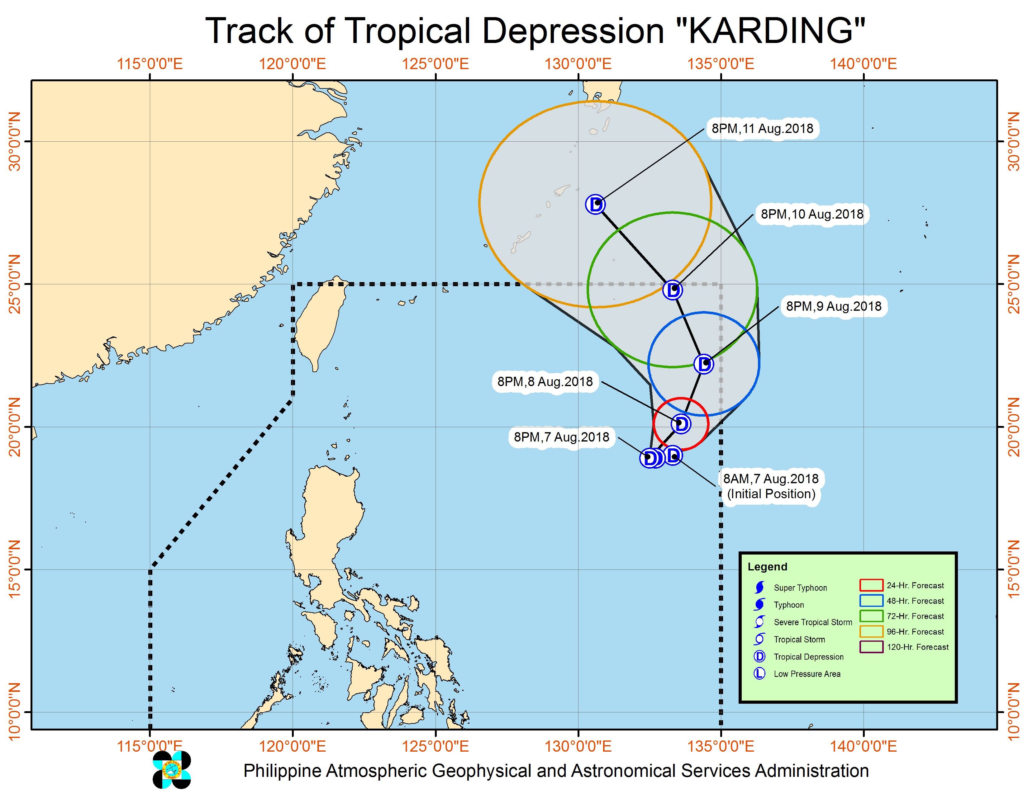 Forecast track of Tropical Depression Karding as of August 7, 2018, 11 pm. Image from PAGASA 