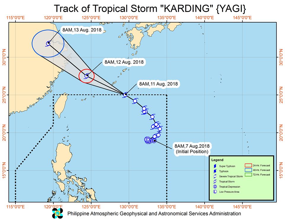 Forecast track of Tropical Storm Karding (Yagi) as of August 11, 2018, 11 am. Image from PAGASA 