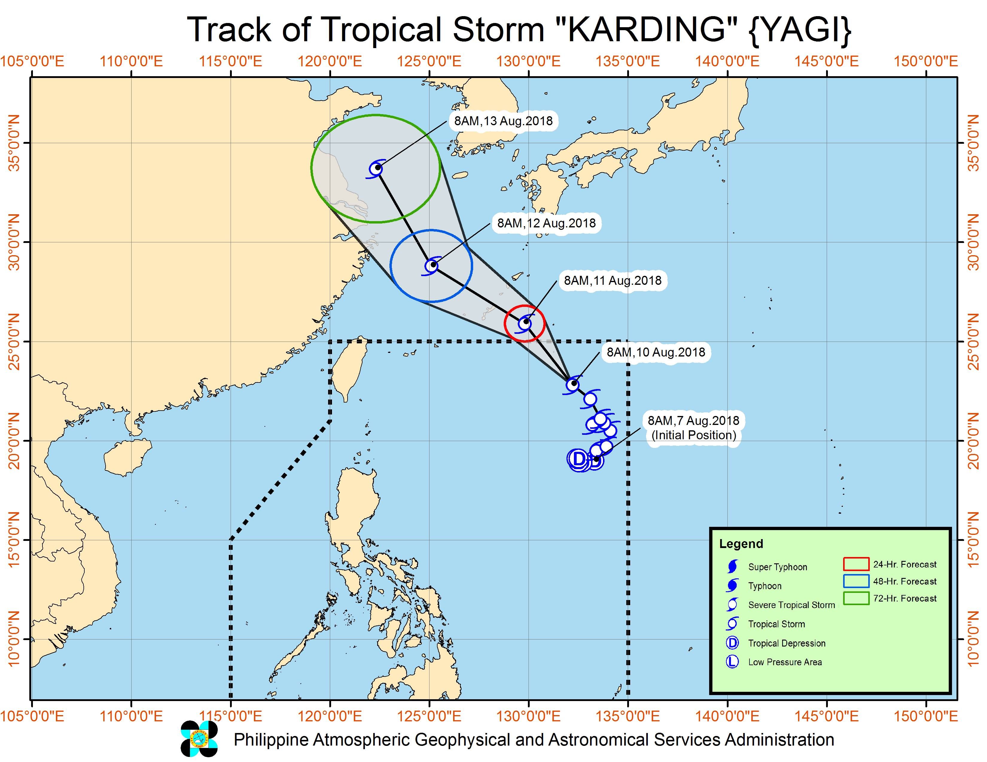 Forecast track of Tropical Storm Karding (Yagi) as of August 10, 2018, 11 am. Image from PAGASA 