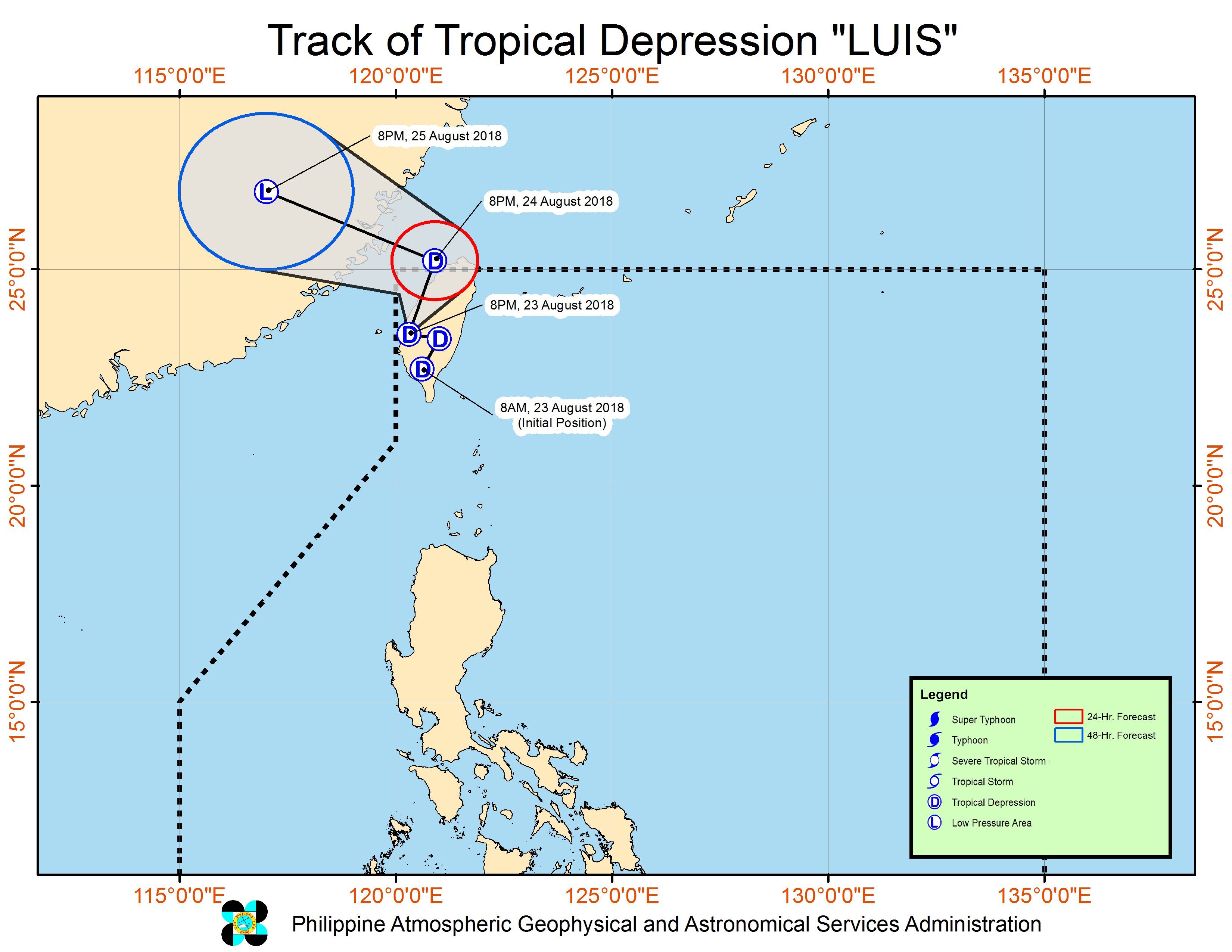 Forecast track of Tropical Depression Luis as of August 23, 2018, 11 pm. Image from PAGASA 