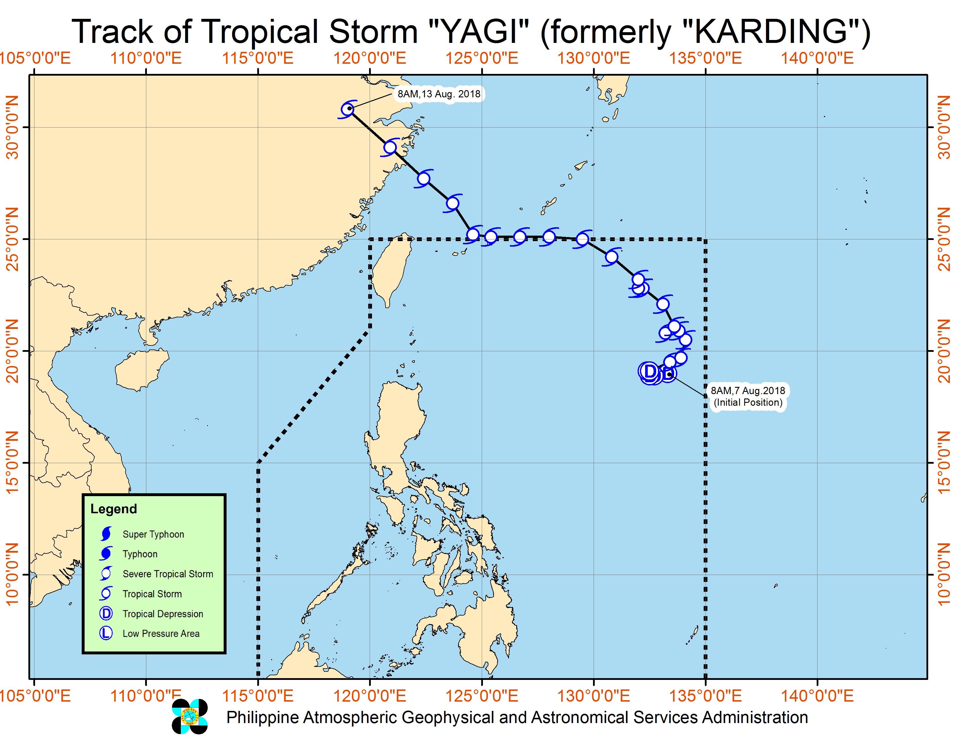 Forecast track of Tropical Storm Karding (Yagi) outside the Philippine Area of Responsibility as of August 13, 2018, 11 am. Image from PAGASA 