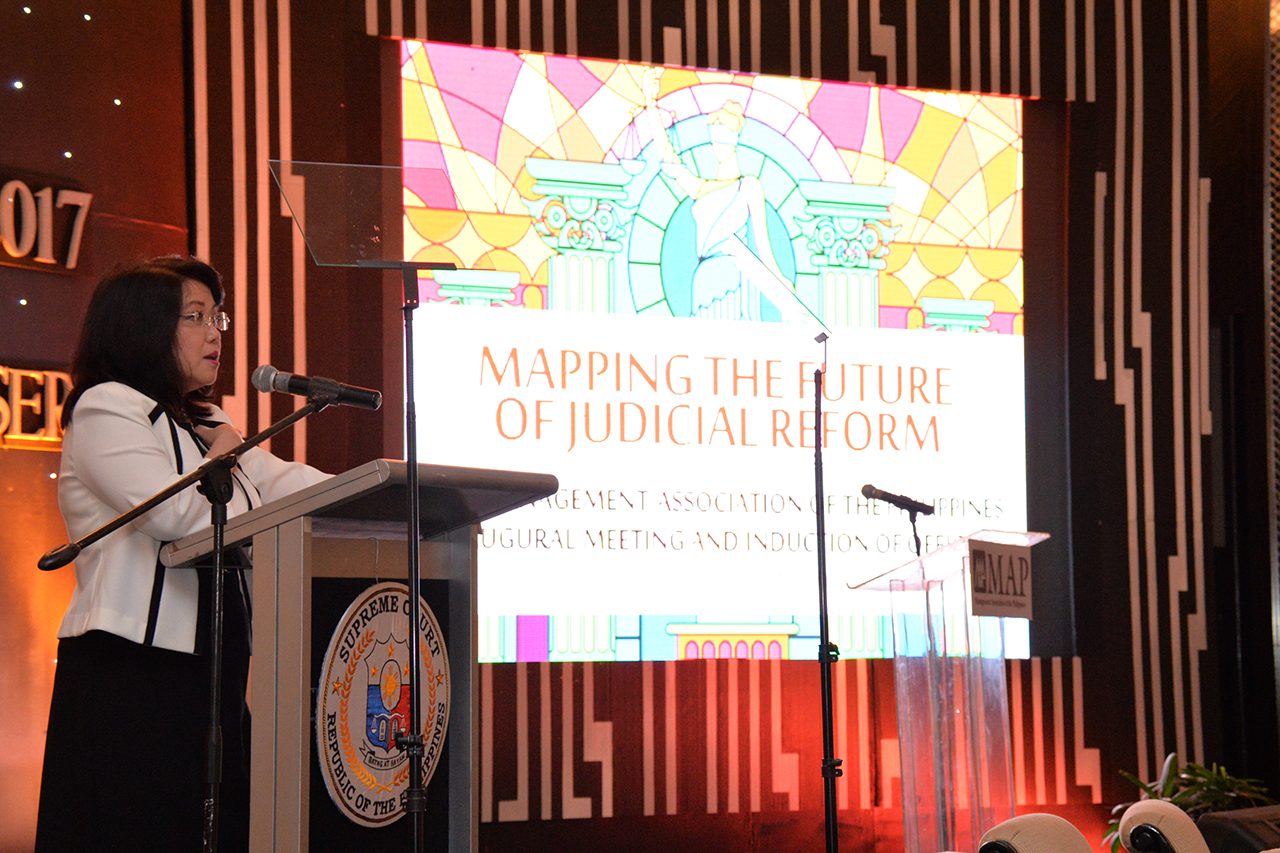 Chief Justice Maria Lourdes Sereno calls out to the business community to continue supporting the Judiciary in its judicial reform initiatives during the 68th Management Association of the Philippines (M.A.P.) Inaugural Meeting and Induction of Officers at the Peninsula Manila in Makati City on January 25, 2017. Photo by Supreme Court PIO. 