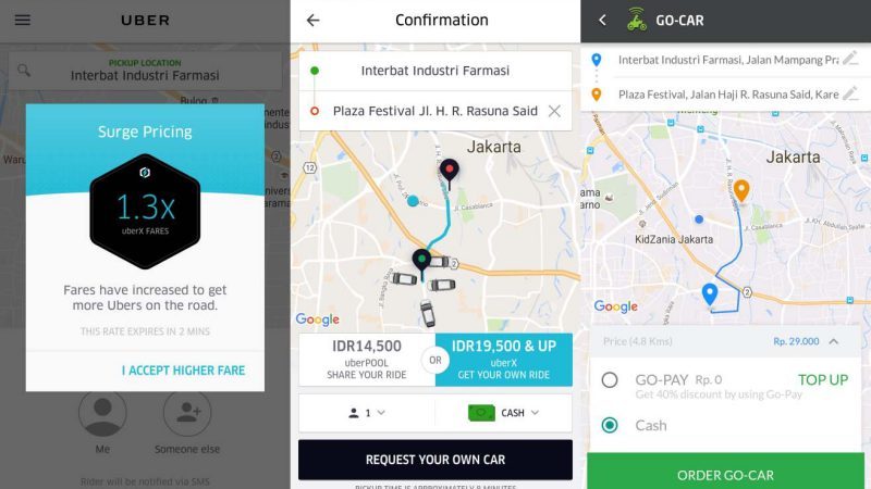 Kiri ke kanan: Surge Pricing yang dikenakan Uber, tarif UberX dan UberPool, serta tarif GO-CAR
 