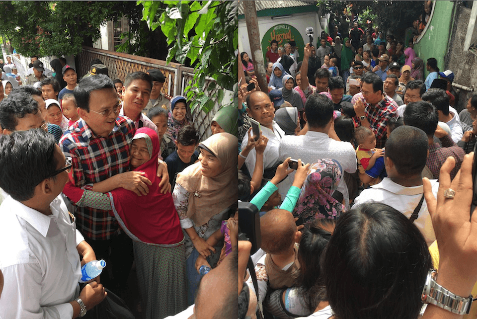 Calon petahana Gubernur DKI Jakarta Basuki Tjahaja Purnama saat menyapa warga Pejaten Timur, Jakarta Selatan, Kamis (3/11). Foto diambil dari @basuki_btp/Twitter
 