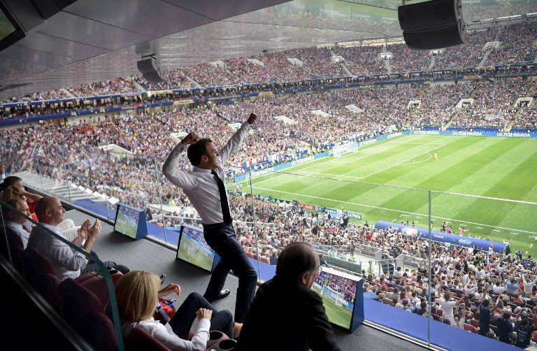 GOAL! French President Emmanuel Macron celebrates during the Russia 2018 World Cup final football match between France and Croatia at the Luzhniki Stadium in Moscow on July 15, 2018. Photo by Alexey Nikolsky/Sputnik/AFP   