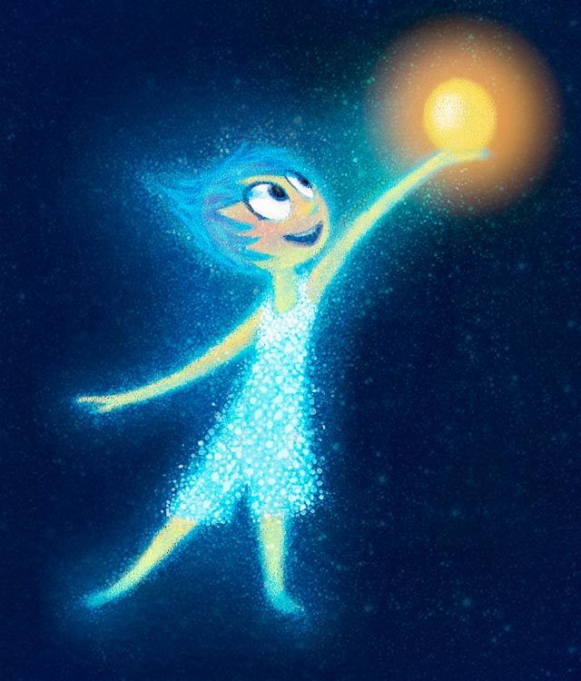 JOY. Concept Art featuring JOY by Albert Lozano (Character Art Director). In this iteration, Joy is still wearing the initial outfit peg – a playful type of romper. It was later changed to a dress. Photo courtesy of Disney Pixar 