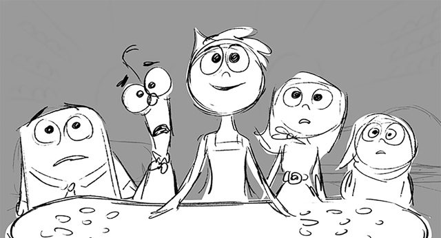 PROGRESSION. This storyboard was drawn by 'Inside Out' Story Supervisor Josh Cooley. Storyboards are drawn by story artists for the purpose of pre-visualizing the film. They are placed side by side in sequence, so that they convey scenes and deliver a rough sense of how the story unfolds. This storyboard is one of approximately 177,096 drawn. Photo courtesy of Disney-Pixar 