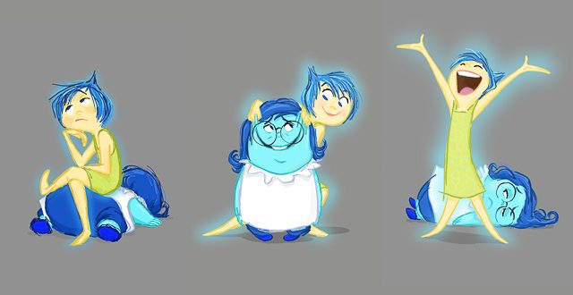 BUDDIES. Concept Art featuring Joy and Sadness by Tony Fucile (Story Artist). Photo courtesy of Disney-Pixar 
