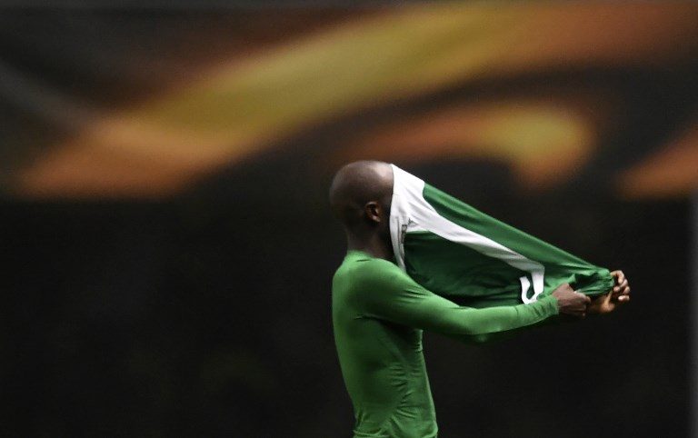 GAME OVER. Ludogorets Razgrad's forward from DR Congo Jody Lukoki takes off his jersey after the Europa League football match SC Braga vs PFC Ludogorets Razgrad at the Municipal stadium of Braga on October 19, 2017. Photo by Francisco Leong/AFP  
