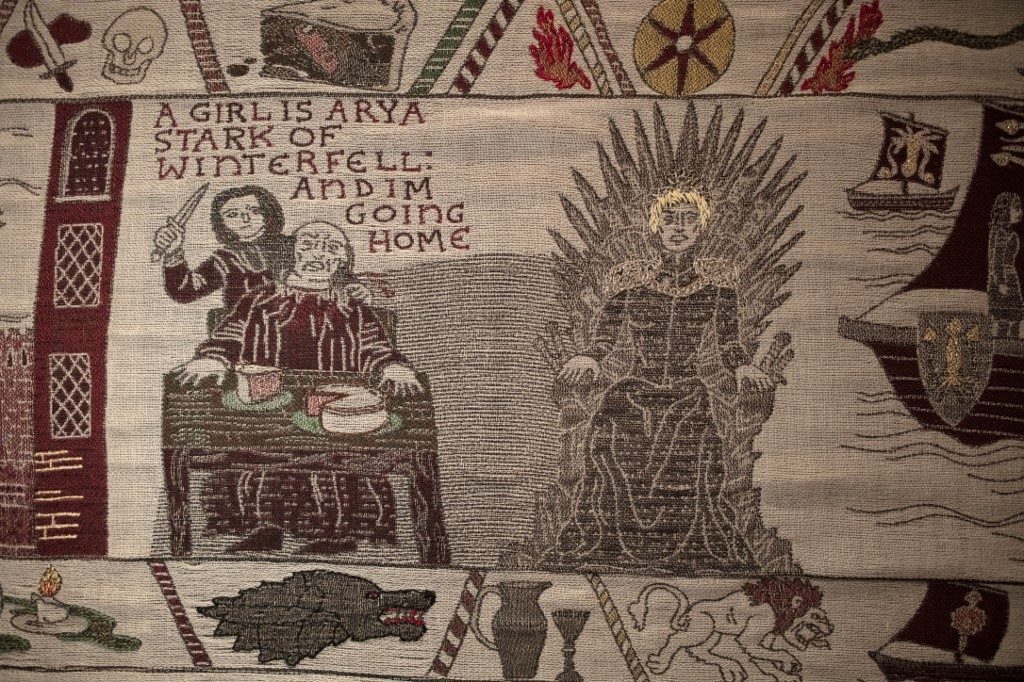 WINTERFELL. Embroidered scenes on the tapestry depicting the hit television series 'Game of Thrones.' Photo by Paul Faith / AFP 