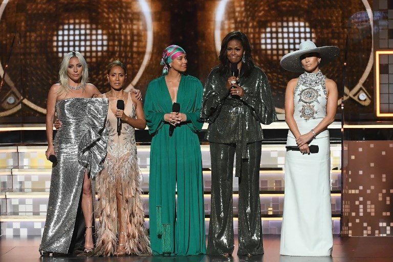 WOMEN ONSTAGE. Lady Gaga, Jada Pinkett Smith, Alicia Keys, Michelle Obama, and Jennifer Lopez speak onstage during the 61st Annual GRAMMY Awards at Staples Center on February 10, 2019 in Los Angeles, California. Photo by Kevin Winter/Getty Images for The Recording Academy/AFP 