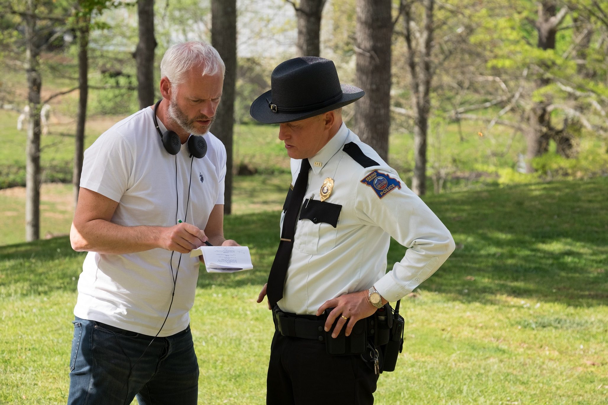 SCENE TAKES. Director-writer Martin McDonagh and actor Woody Harrelson on the set of 'Three Billboards Outside Ebbing, Missouri.' 