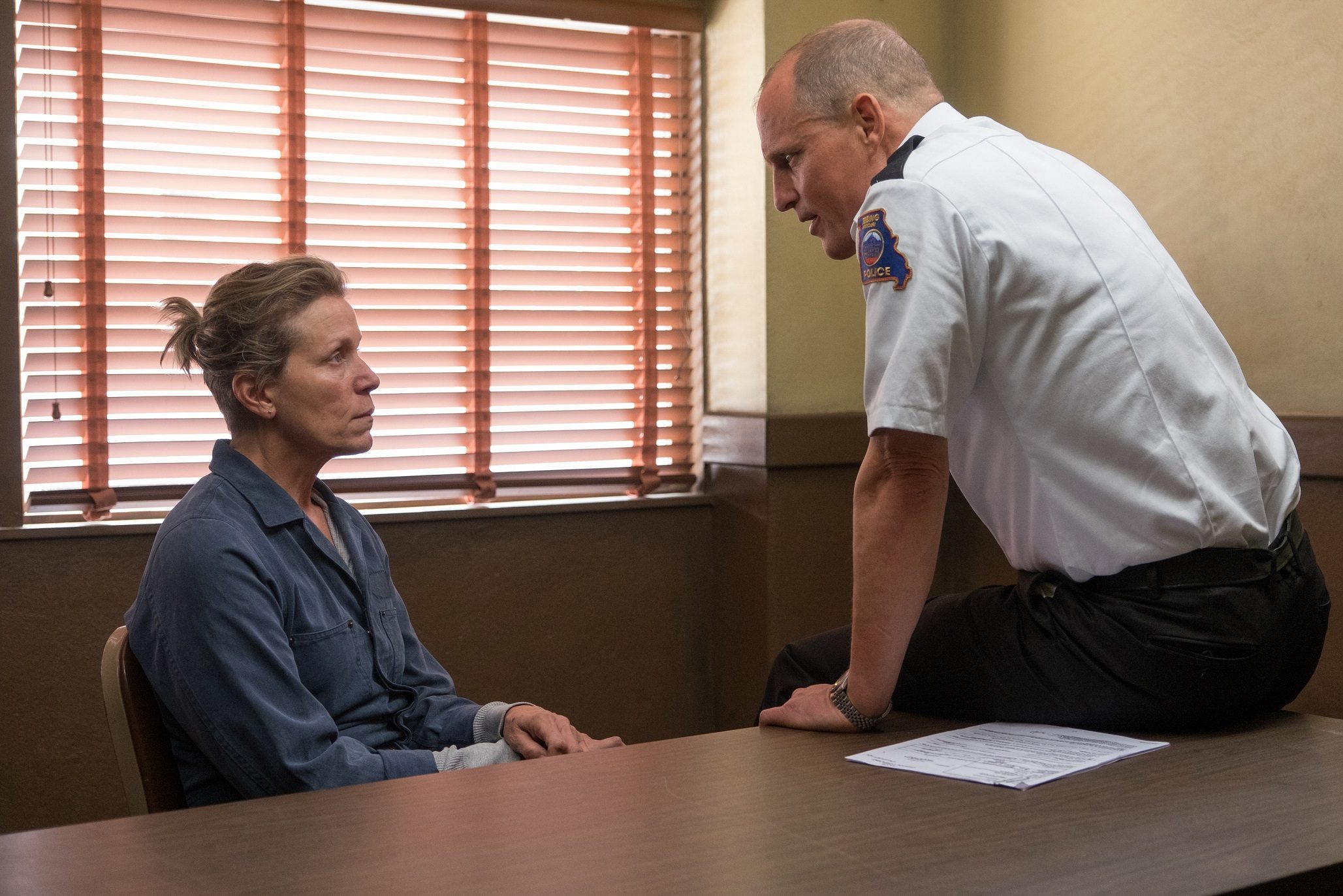 ONE-ON-ONE TALK. Frances McDormand and Woody Harrelson in a confrontation scene for 'Three Billboards Outside Ebbing, Missouri.' 