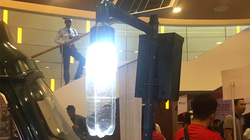 HANDMADE. Pictured is one of Liter of Light's plastic solar powered lights on the first day of the Agos Summit on Disaster Preparedness.   