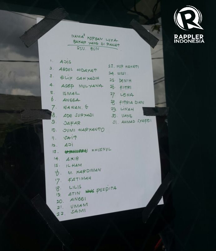 NAMA KORBAN. Daftar berisi daftar nama korban yang dirawat di rumah sakit dan dipajang di kantor kelurahan pada Kamis, 26 Oktober. Foto oleh Ratu Selly/Rappler 