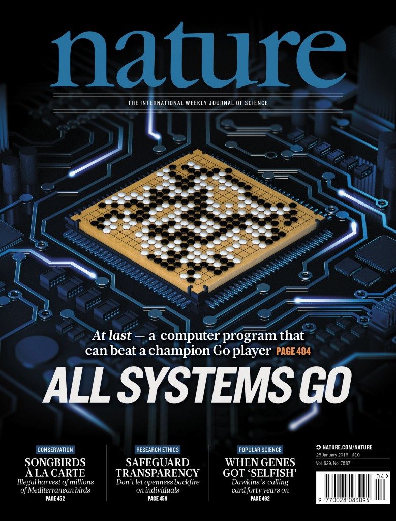 The cover of Nature's latest edition, featuring the AlphaGo study. Image courtesy Nature 