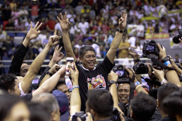 Coach Leo Austria gets a well-deserved victory ride. Photo by Czeasar Dancel/Rappler  